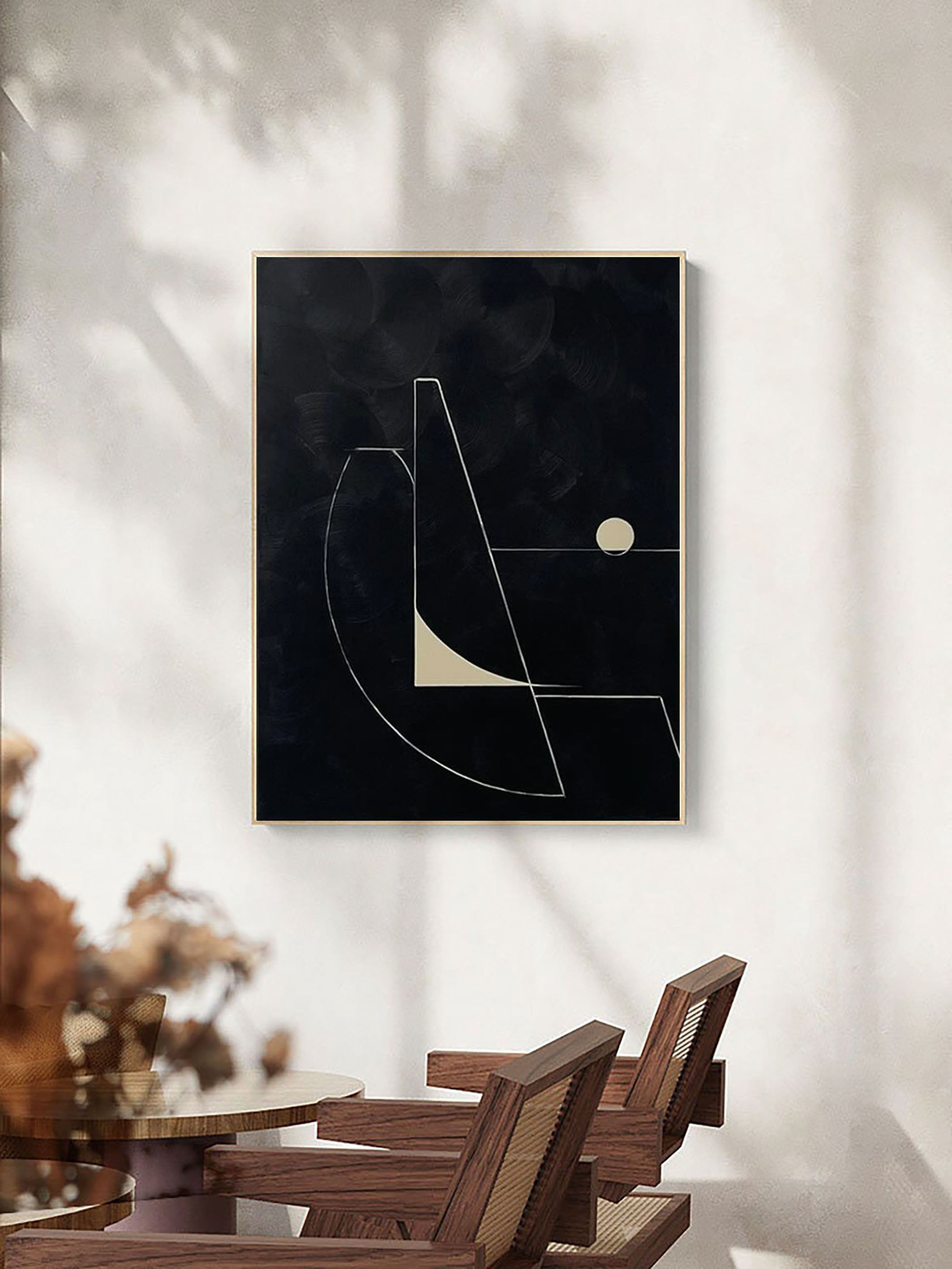 لوحة فنية قماشية هندسية بسيطة باللونين الأبيض والأسود للمنزل #MM056