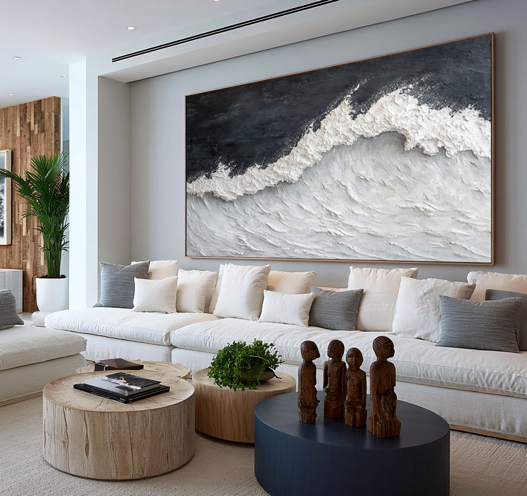 Stormy Sea Waves Textured Coastal Artwork Handmade Ocean Painting Gray White Contemporary Wall Decor