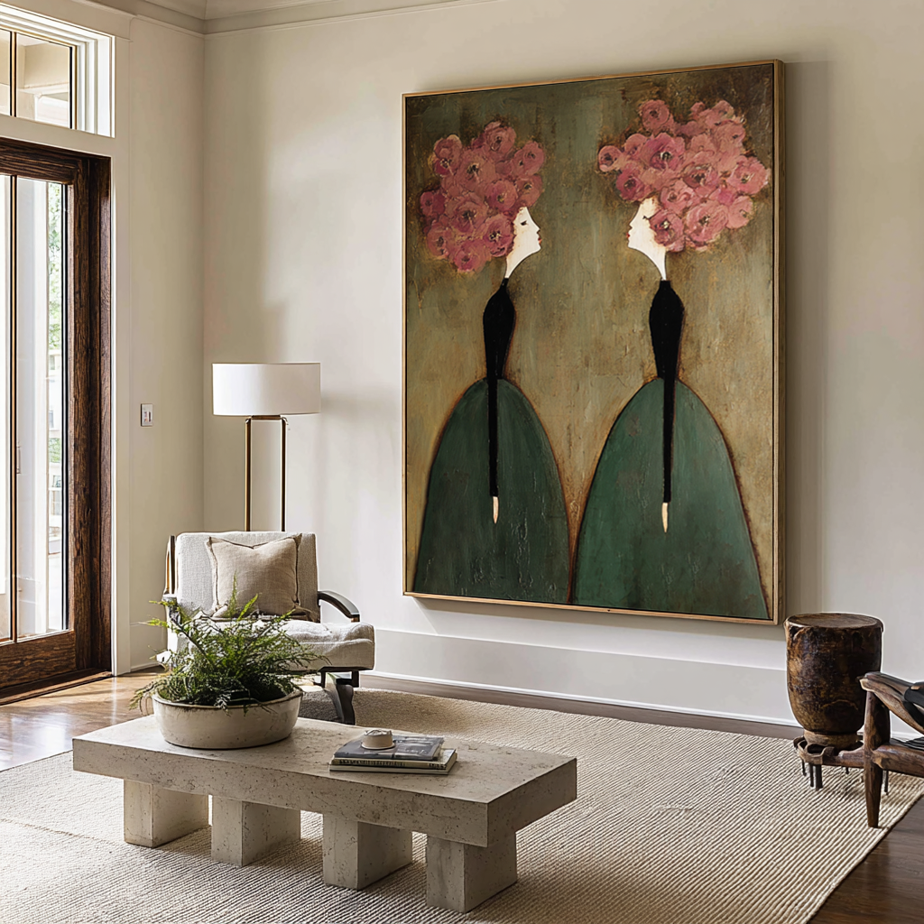 Large Figurative Oil Painting - Pink Floral Wall Art | KelorArt