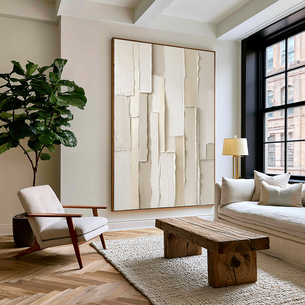 Large White Sculptural Relief Wall Art 3D Textured Abstract Oil Painting Layered Geometric Blocks Neutral Minimalist Luxury Home Decor