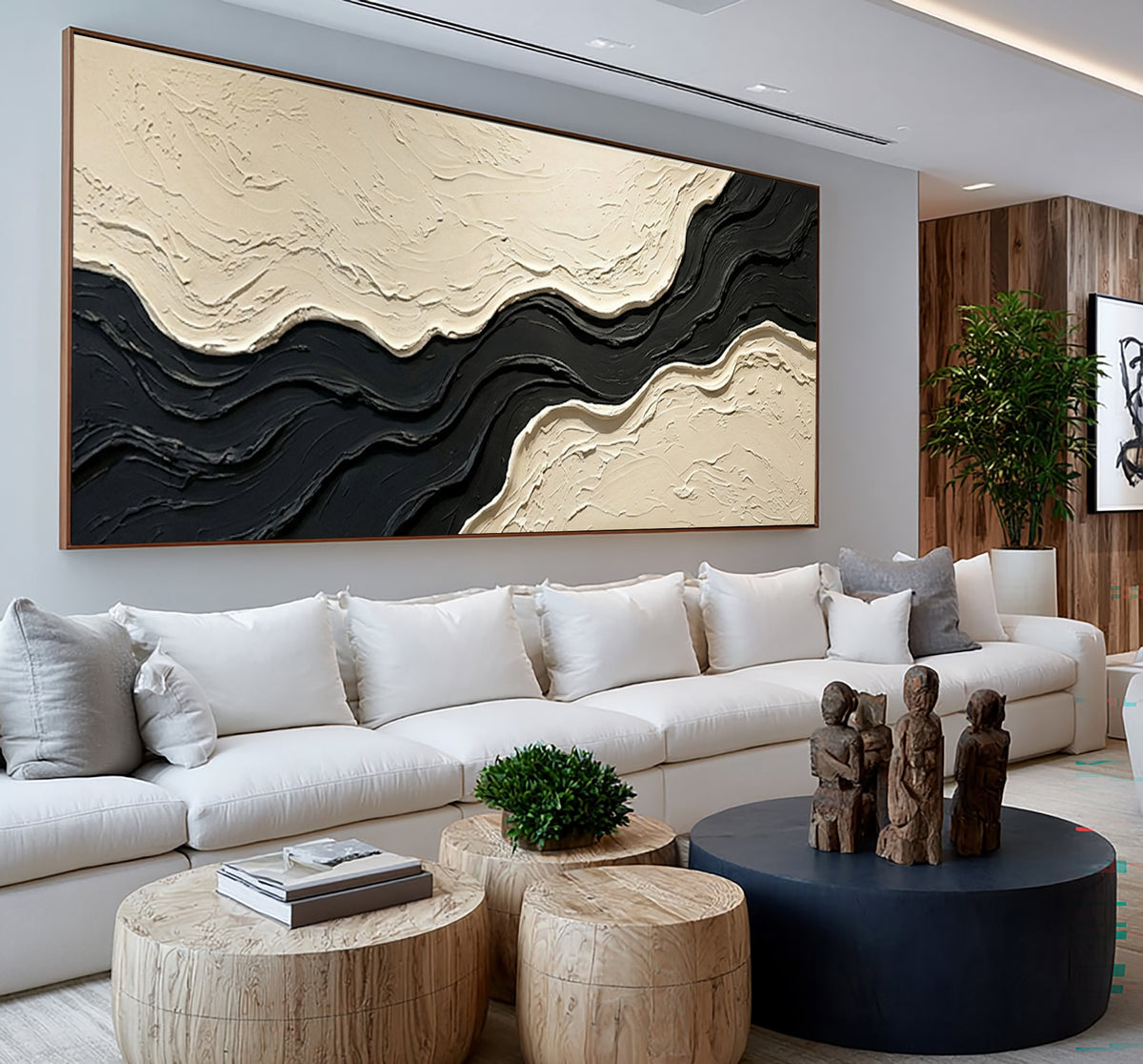 Large Architectural Textured Abstract Wall Art Black Ivory Oil Painting Contemporary Luxury Interior Design Artwork