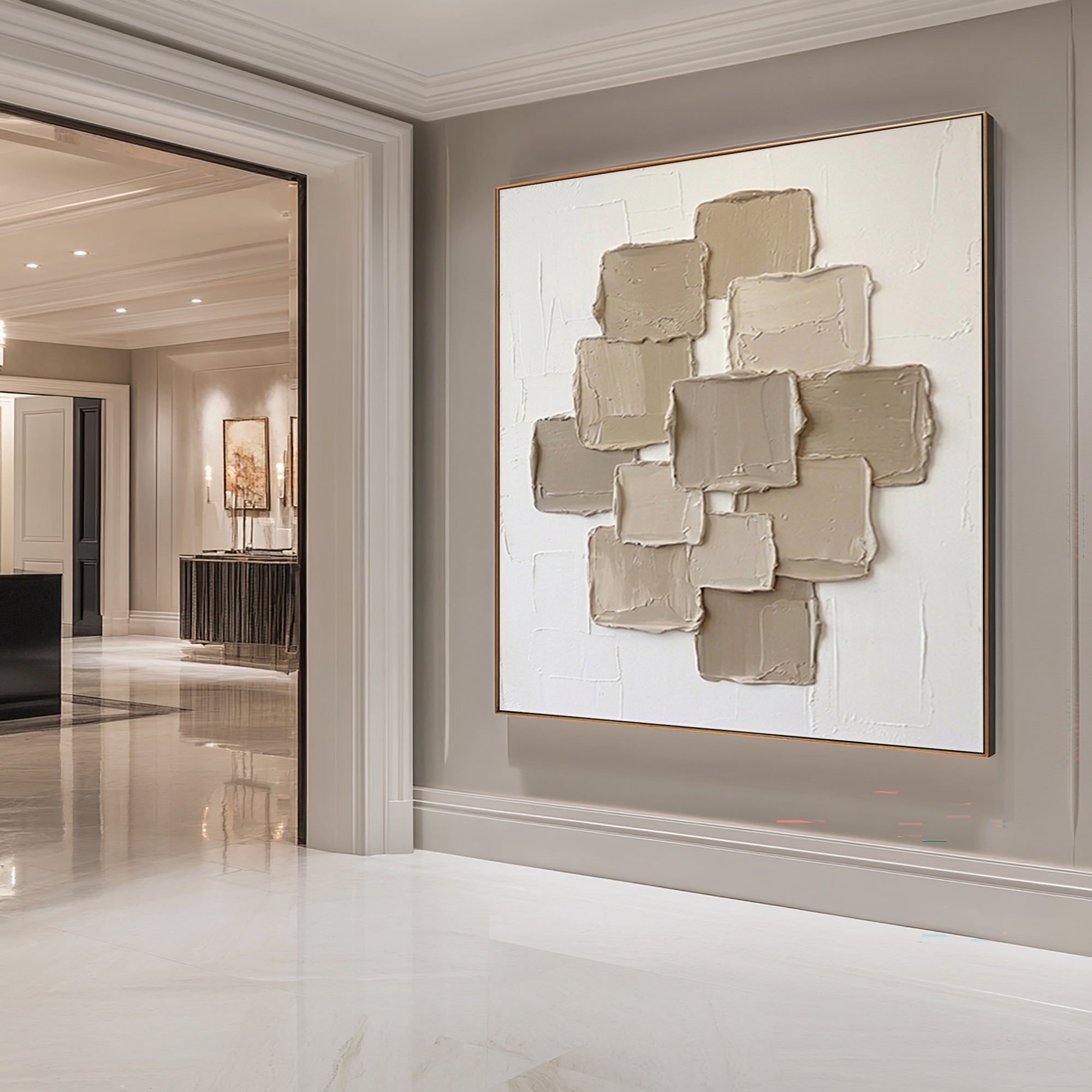 Large Contemporary Textured Wall Art Beige Geometric Canvas