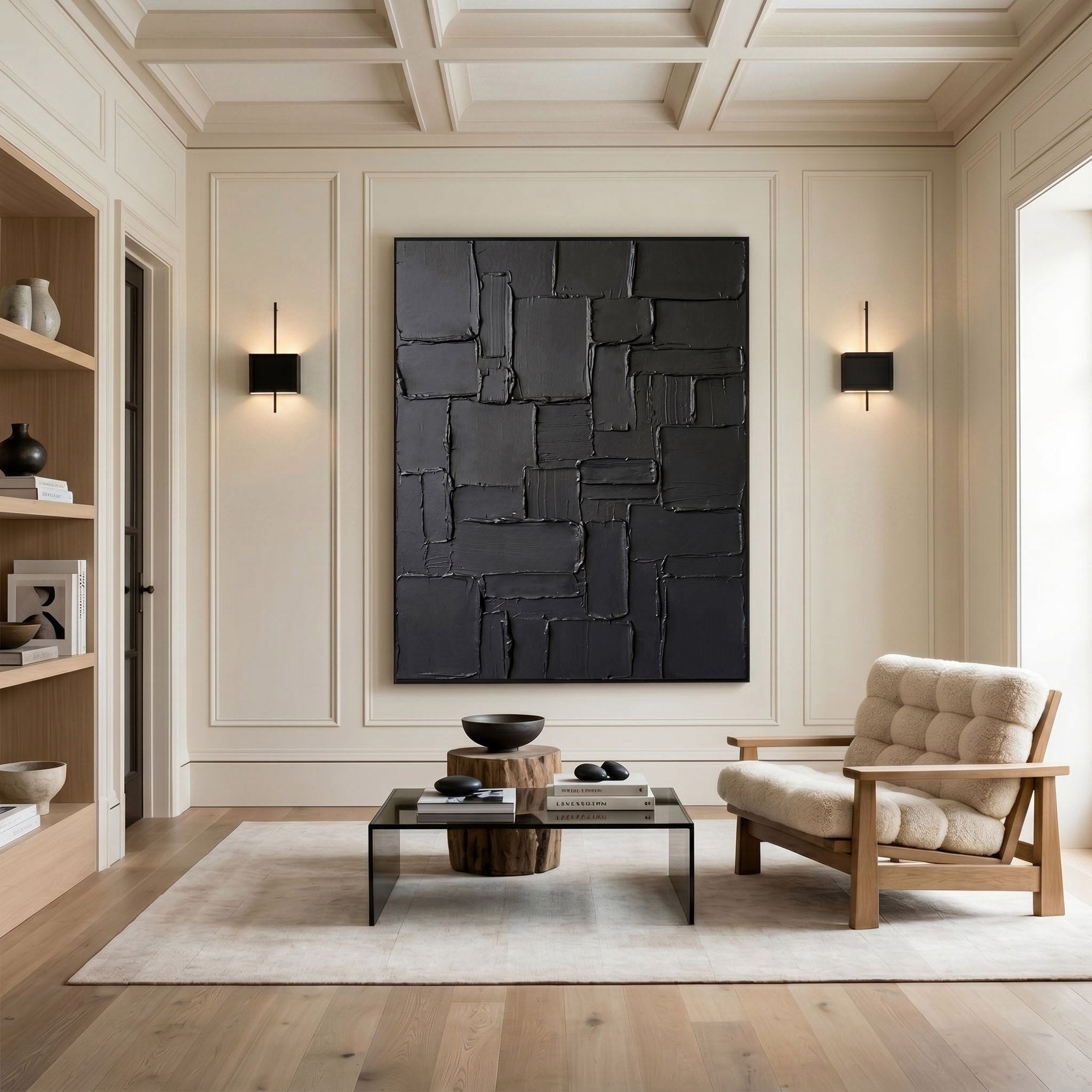 Modern Black Abstract Wall Art Textured 3D Relief Canvas Painting Architectural Minimalist Decor