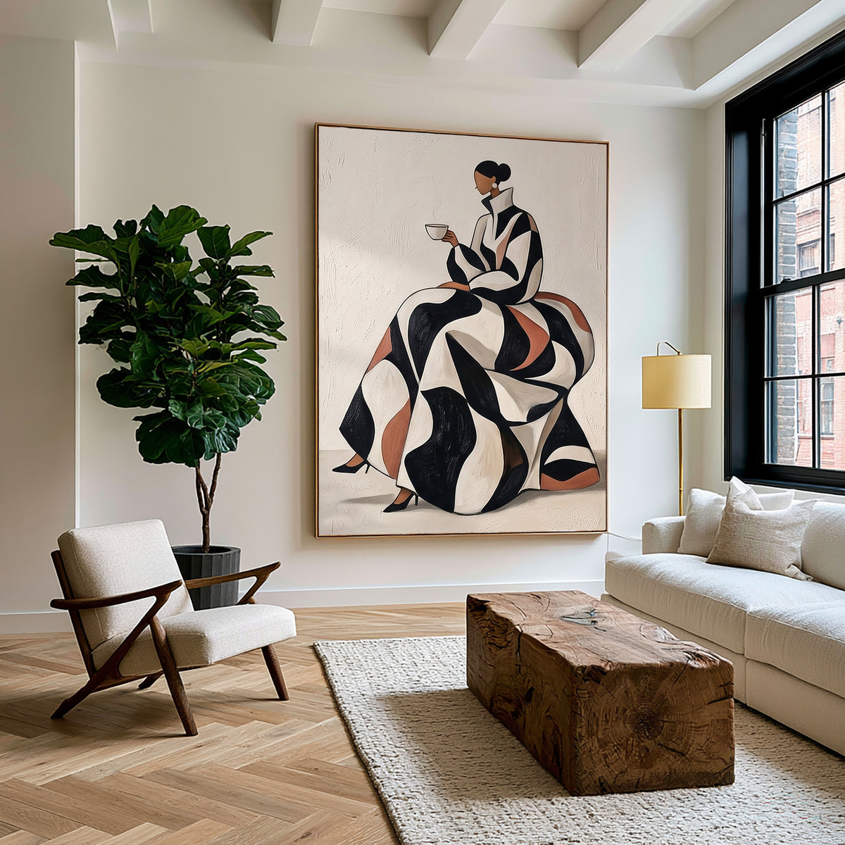 Black Cream Woman Painting Terracotta Fashion Wall Art