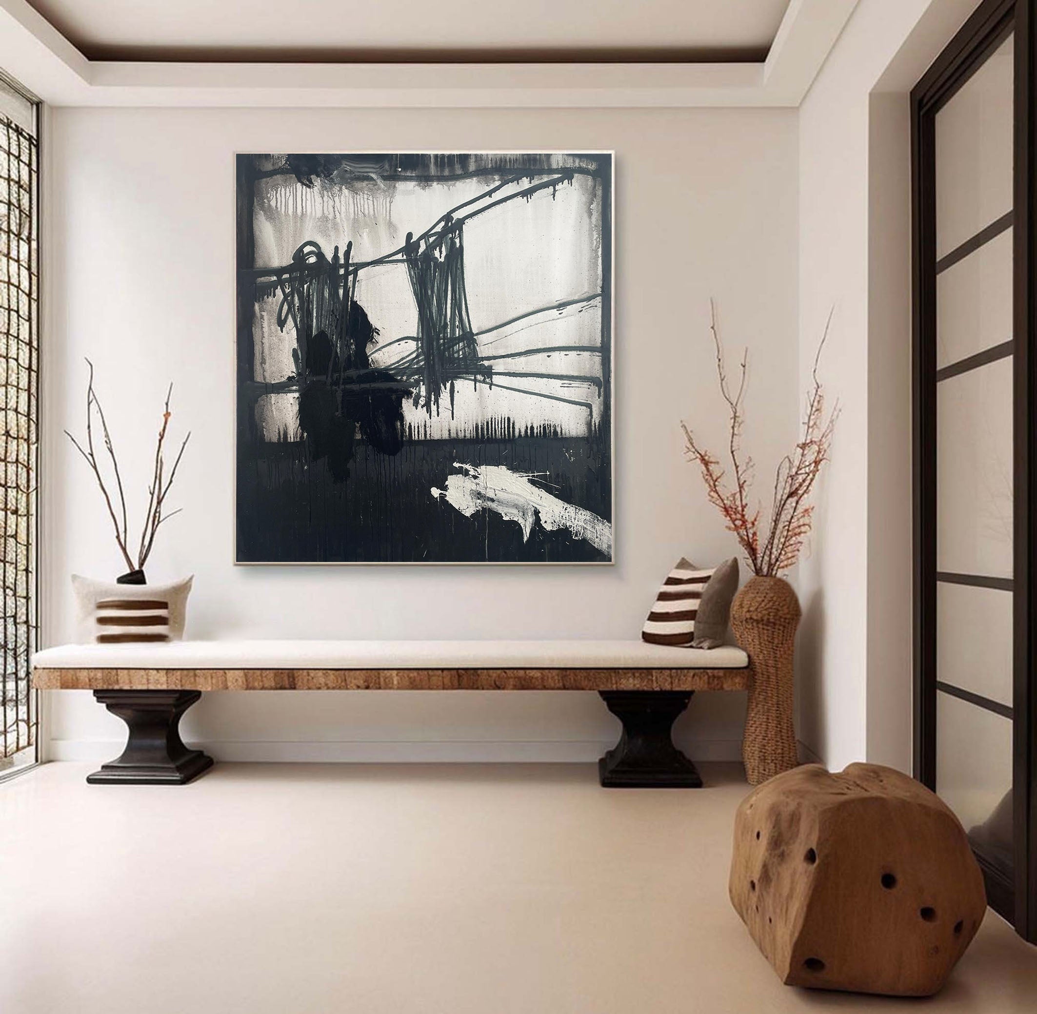 لوحة فنية تجريدية سوداء درامية وجريئة على قماش حديث #MM075