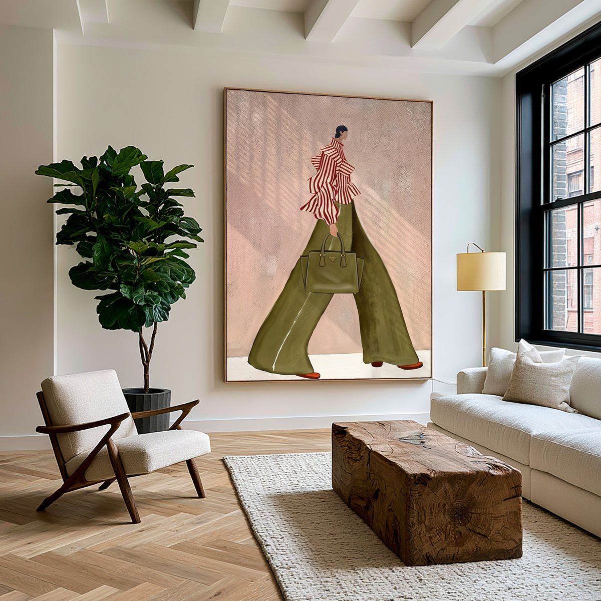 Fashion Woman Wall Art Green Pants Striped Top Hand Painted Art