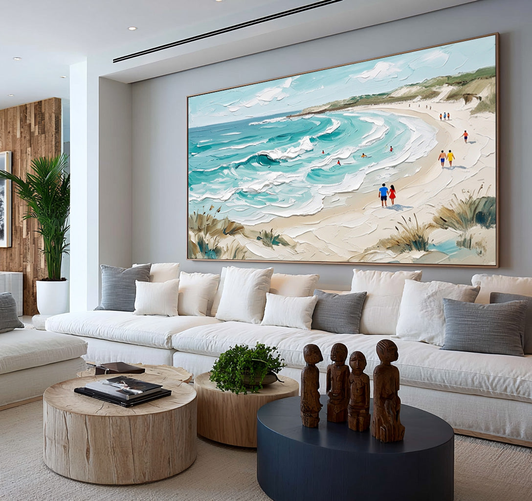 Textured Seaside Landscape Painting Sandy Beach Blue Ocean Waves