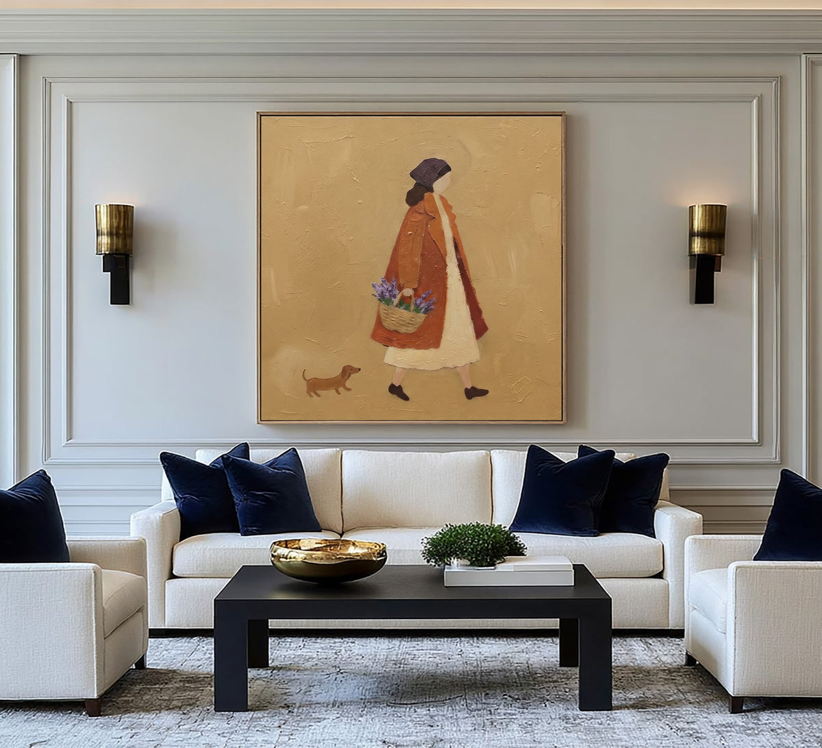A Stroll Through The Countryside Woman Walking Dog Original Figurative Painting Warm Rustic Wall Art