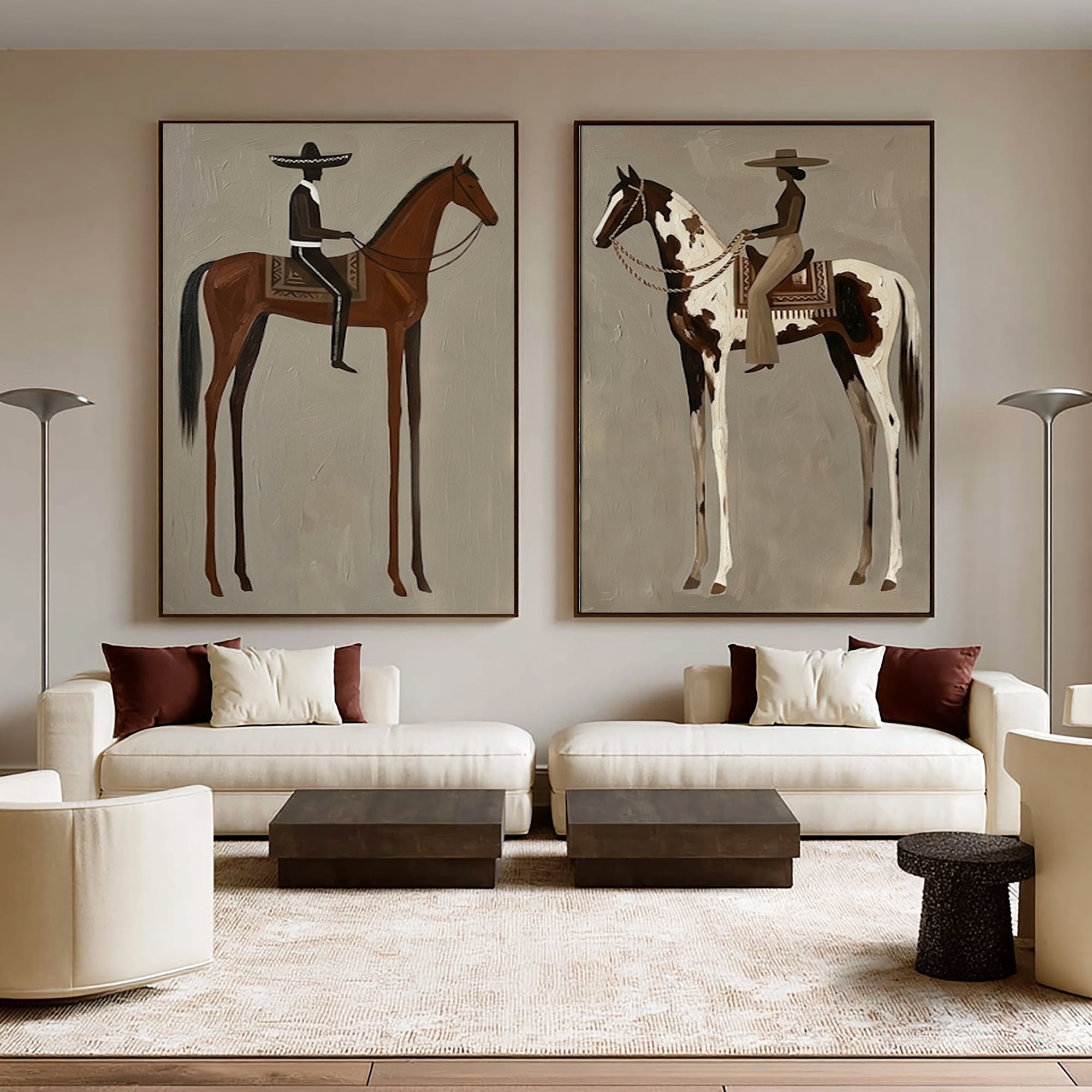 Large Minimalist Cowboy Horse Wall Art Contemporary Western Canvas Diptych