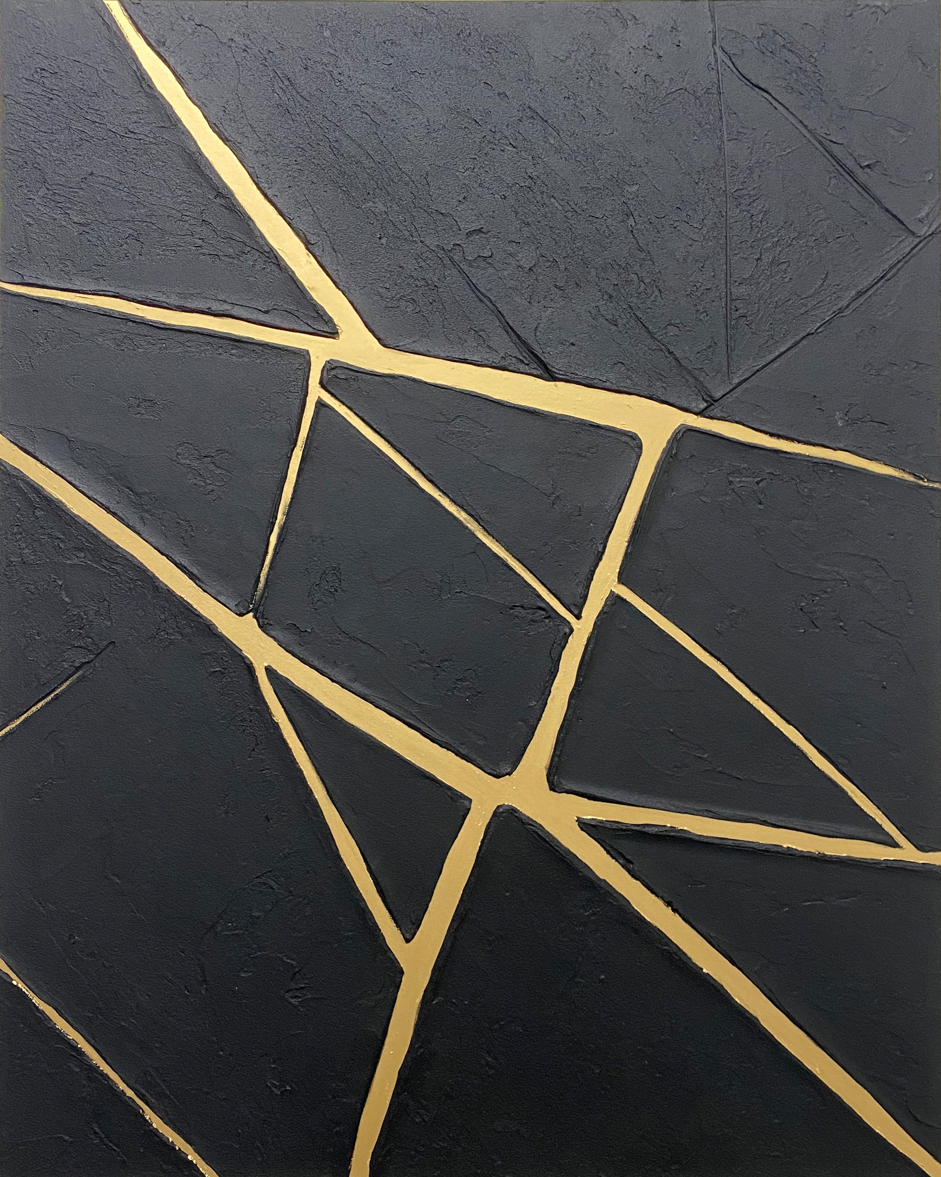 Gilded Fracture:Textured Black Abstract with Angular Gold Lines #MM559