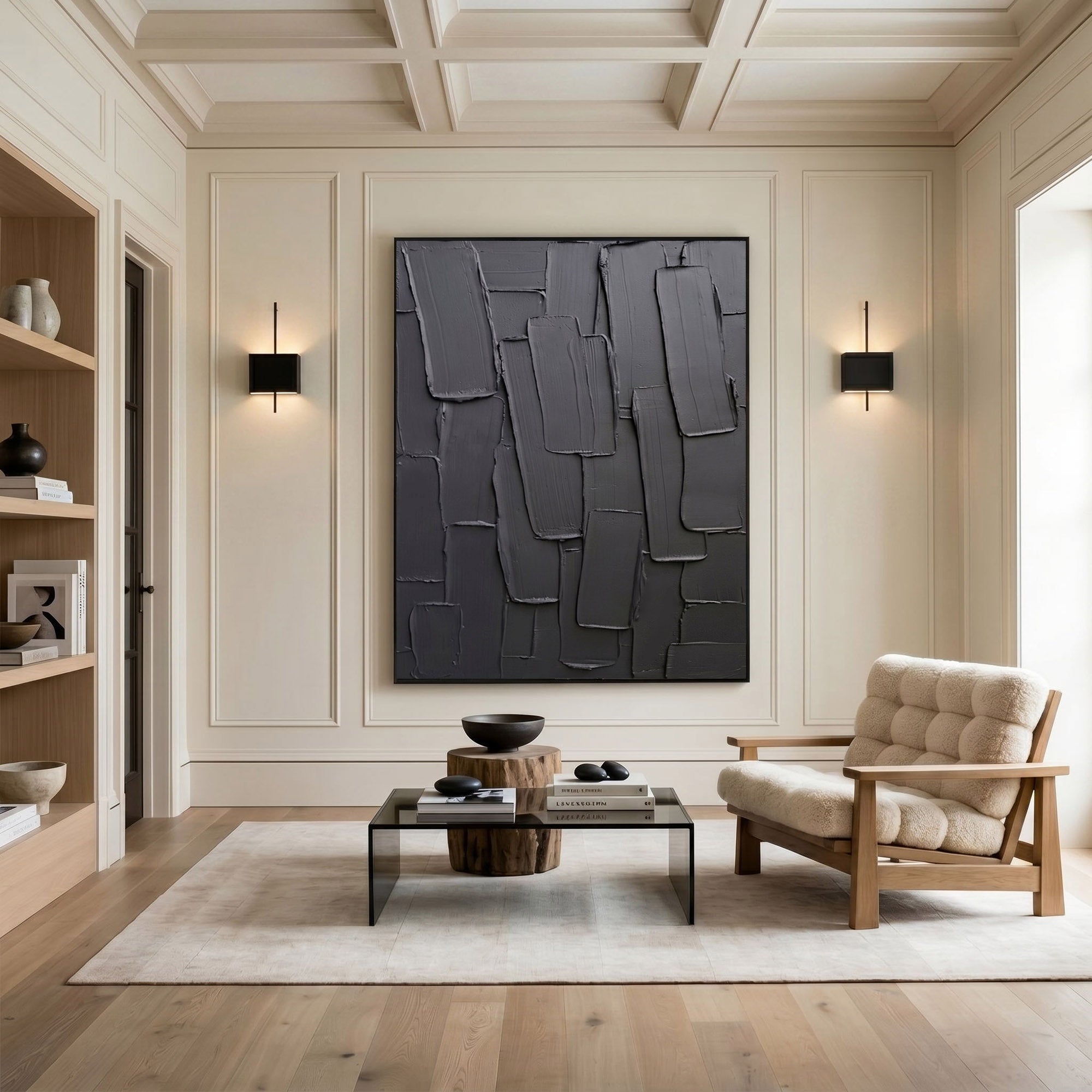 Black Gray Abstract Wall Art Textured Relief Painting Handmade Impasto Modern Minimalist Home Decor
