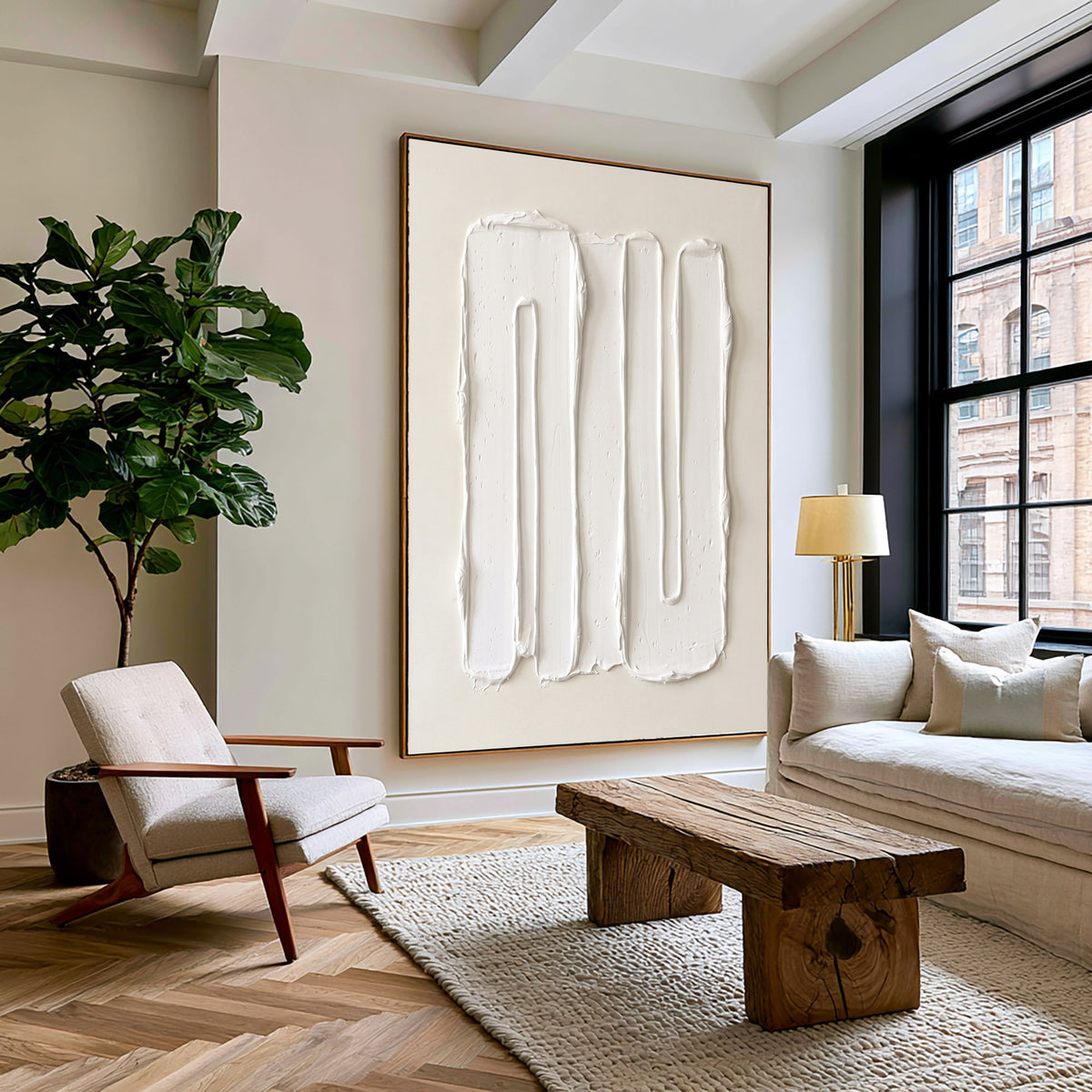 Large Modern Vertical Textured Relief Wall Art Ivory Abstract Oil Painting Sculptural Raised Lines Neutral Minimalist Contemporary Luxury Home Decor