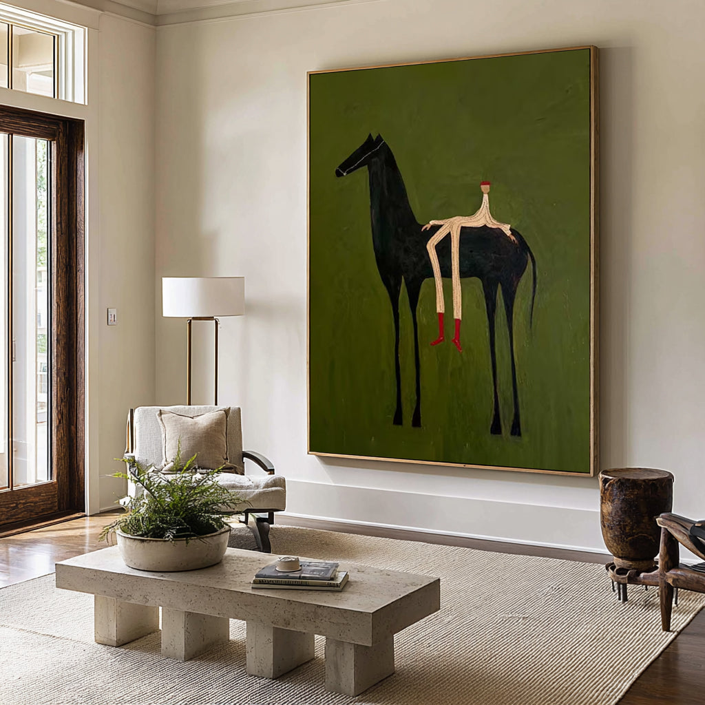 Large Green Horse Wall Art Contemporary Minimalist Canvas Painting