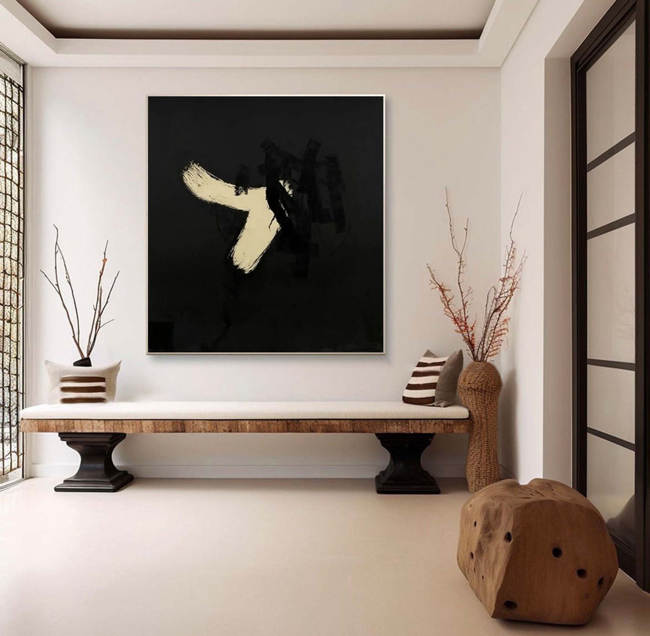 لوحة تجريدية ديناميكية جريئة بالأبيض والأسود #MM078