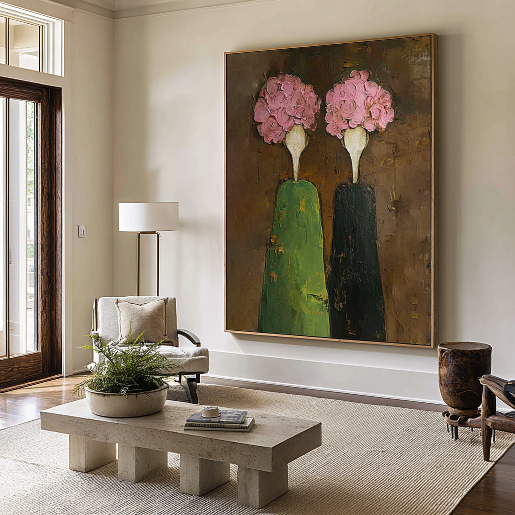 Modern Figurative Oil Painting - Green and Pink Wall Art | KelorArt