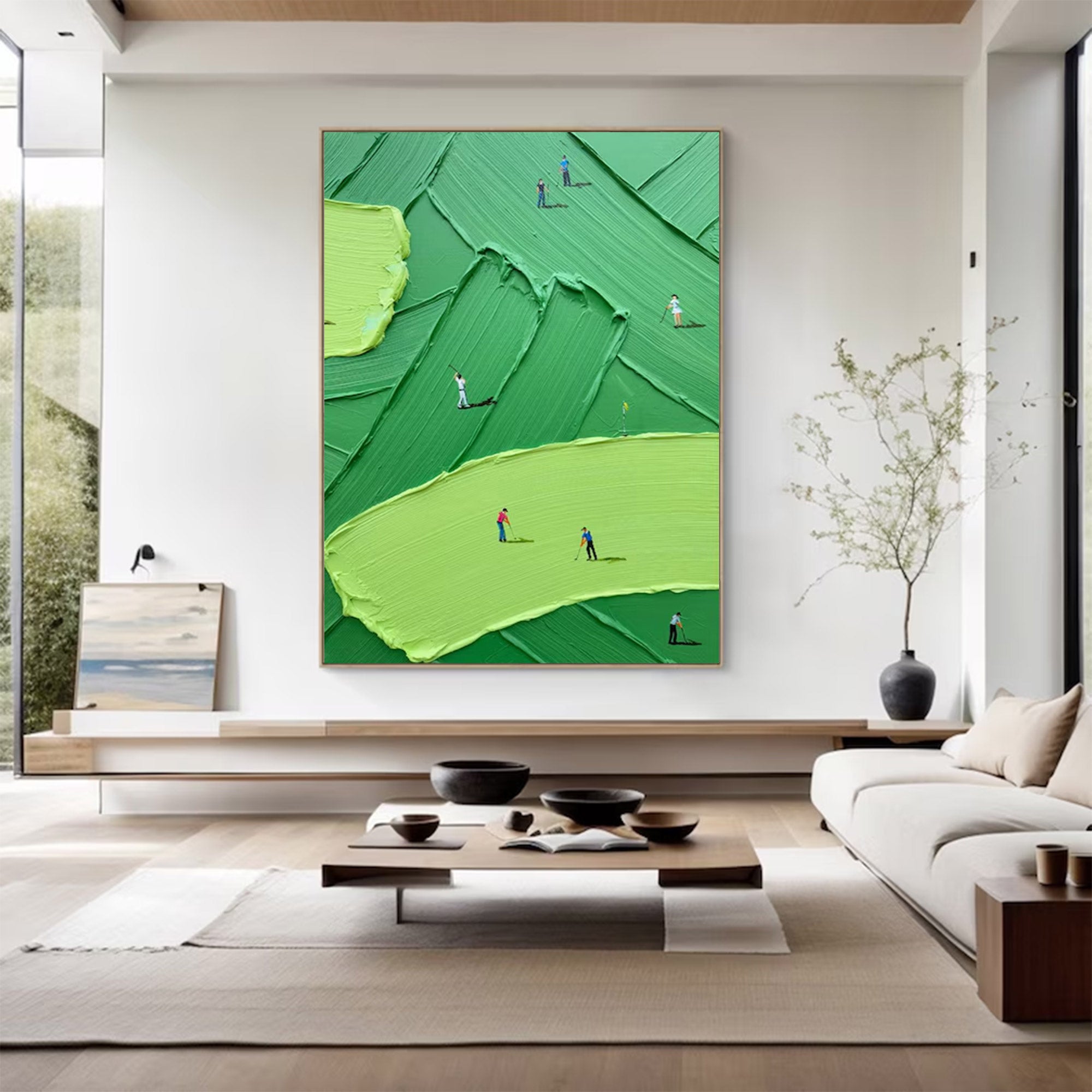 Large Golf Course Painting - Abstract Green with Small Figures | KelorArt #AG 099