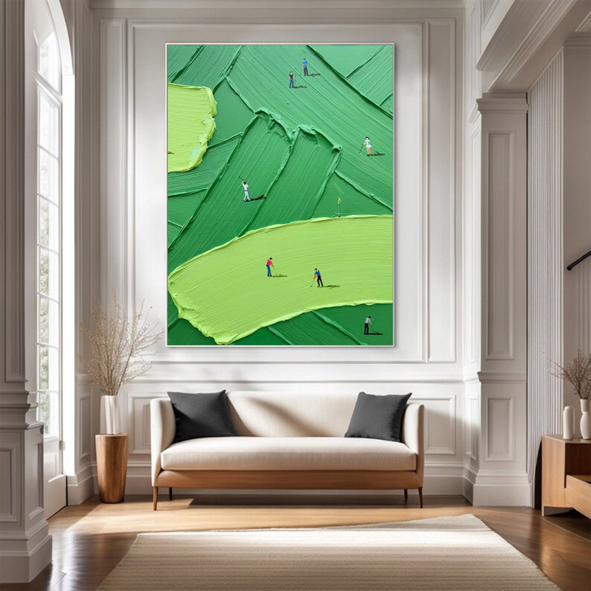 Large Golf Course Painting - Abstract Green with Small Figures | KelorArt #AG 099