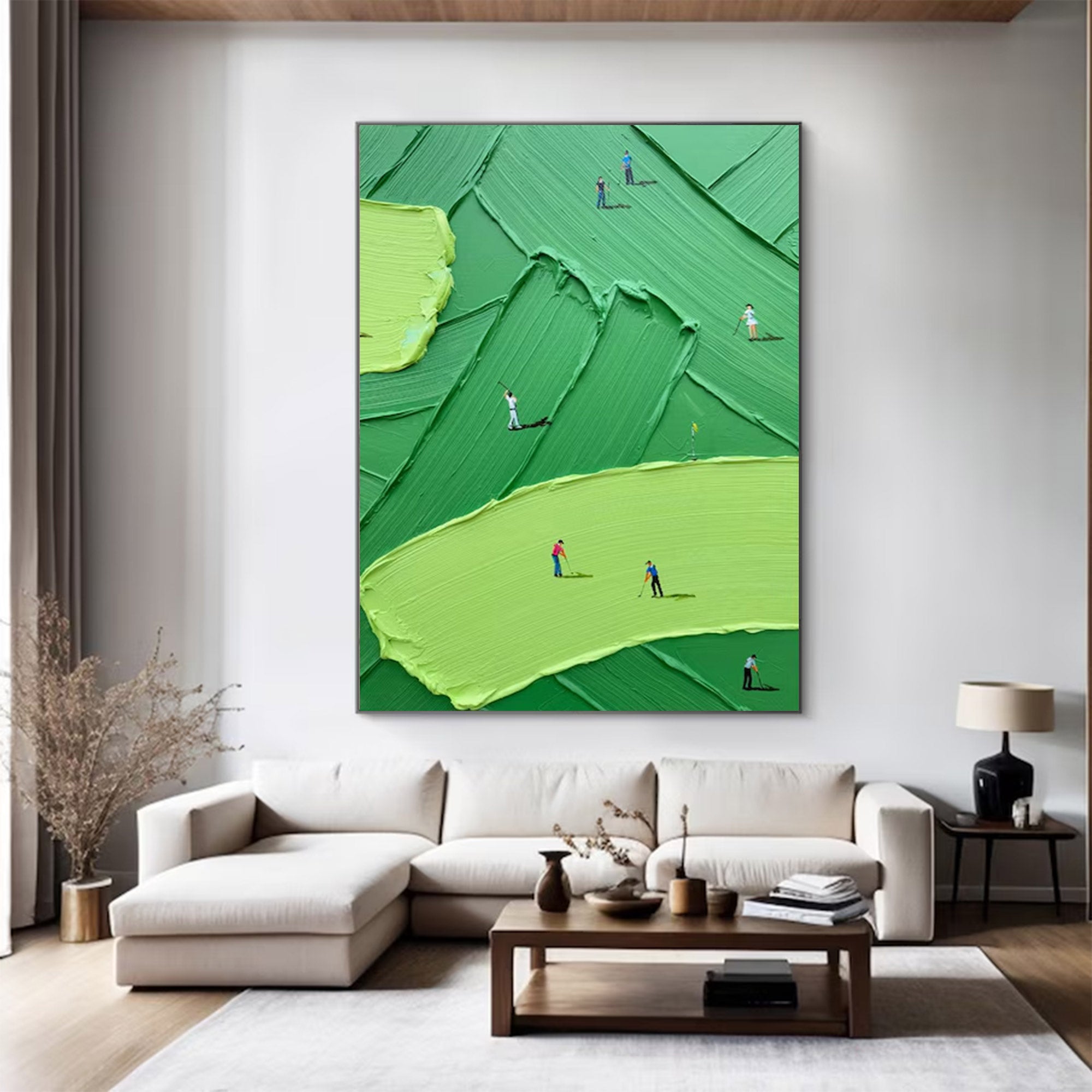 Large Golf Course Painting - Abstract Green with Small Figures | KelorArt #AG 099