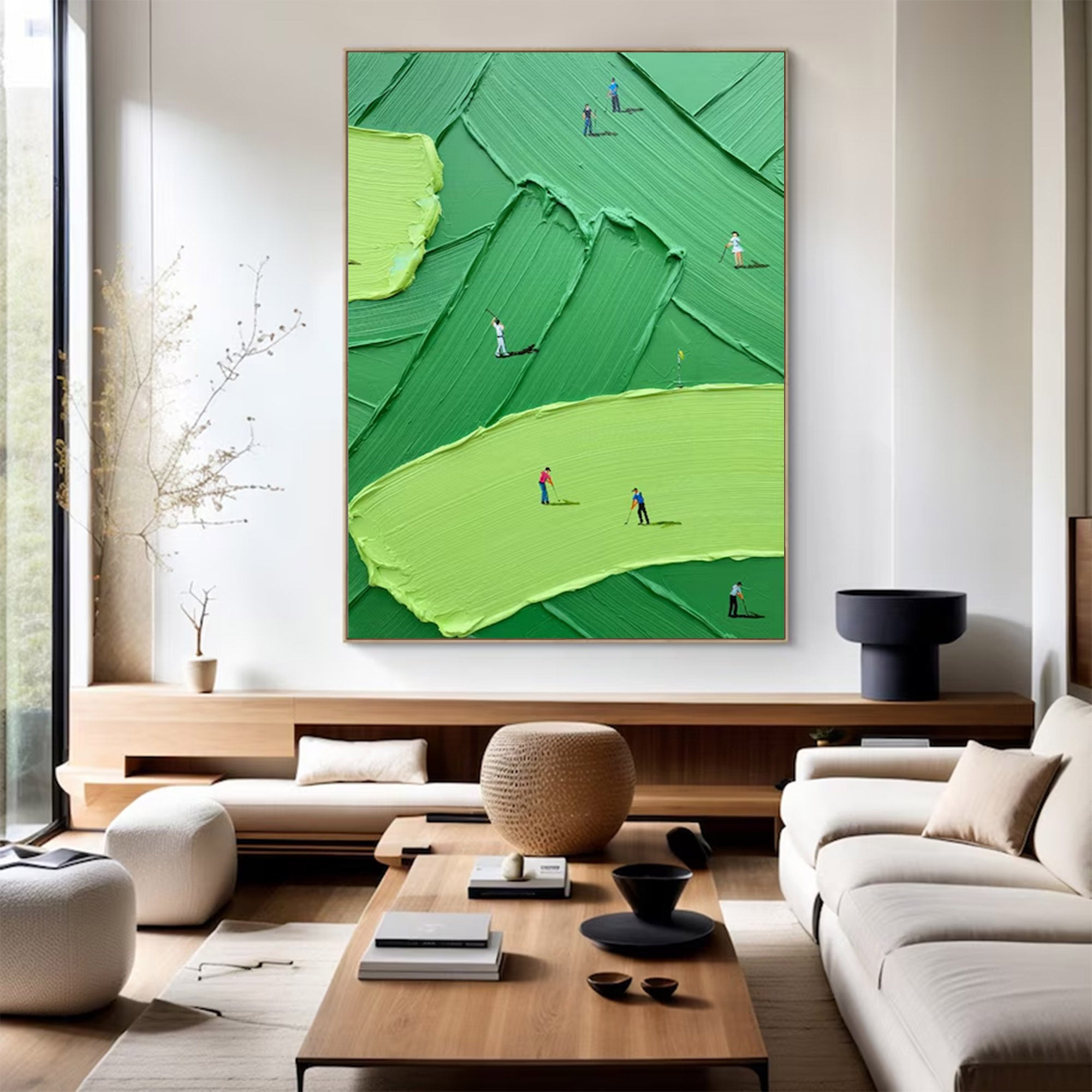 Large Golf Course Painting - Abstract Green with Small Figures | KelorArt #AG 099