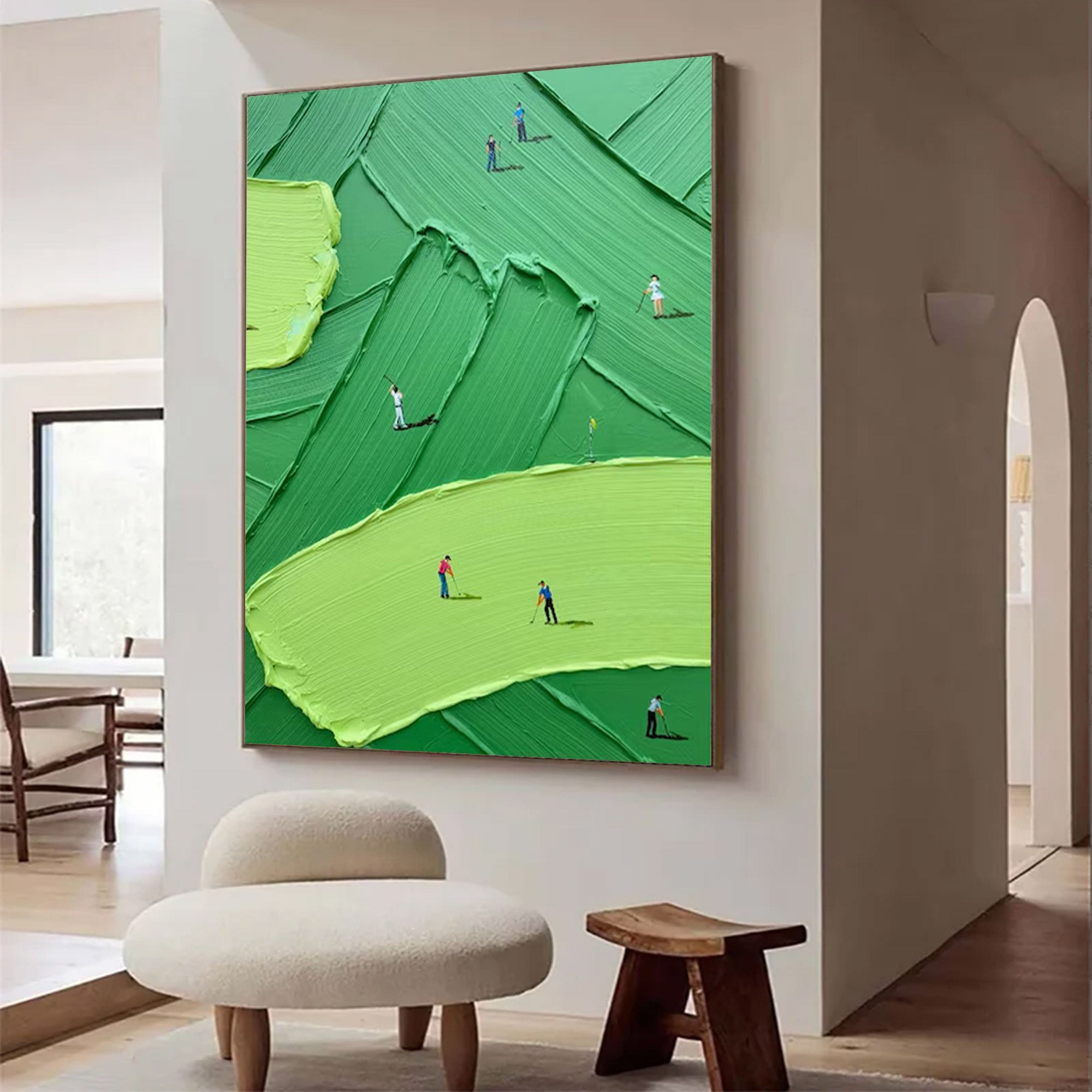 Large Golf Course Painting - Abstract Green with Small Figures | KelorArt #AG 099
