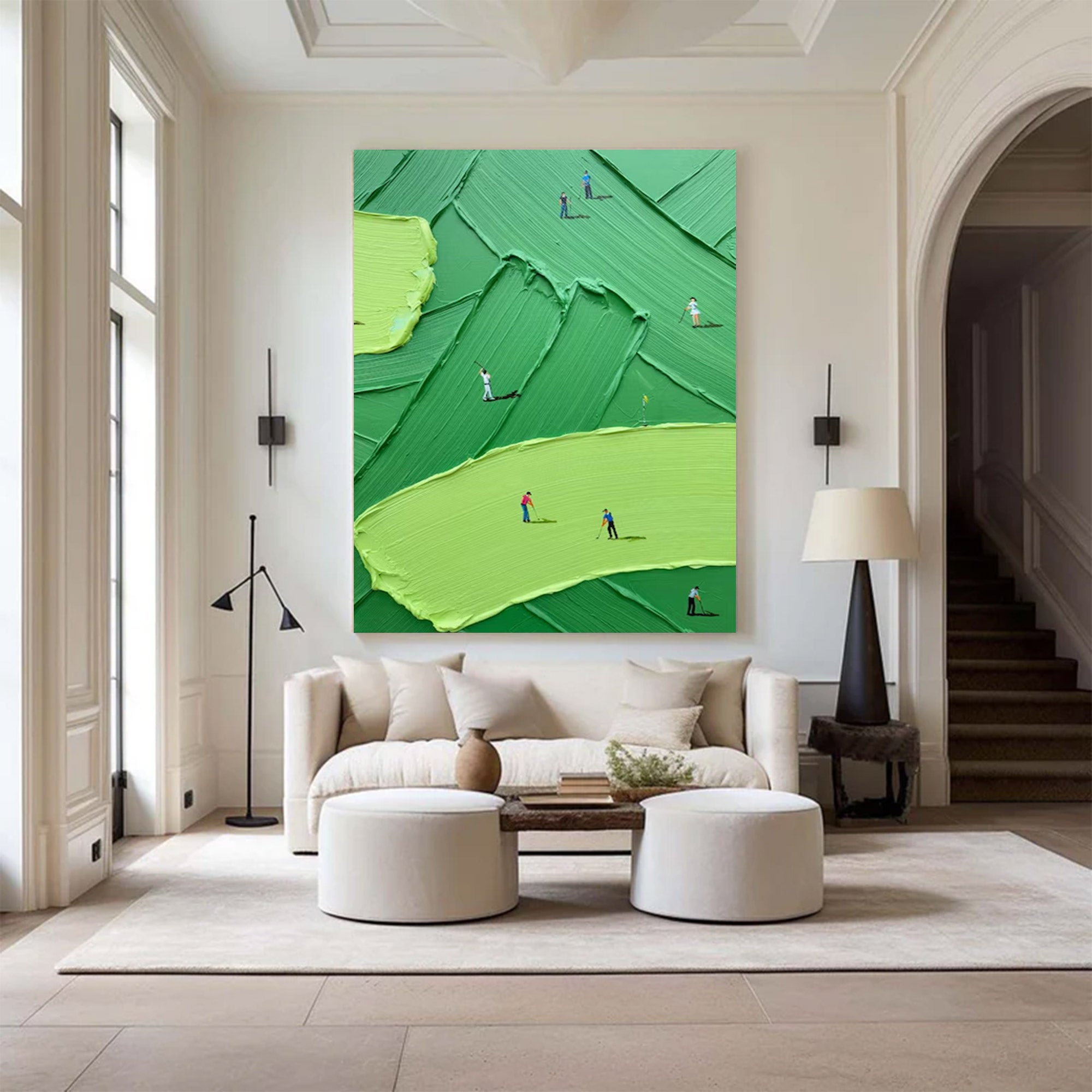 Large Golf Course Painting - Abstract Green with Small Figures | KelorArt #AG 099