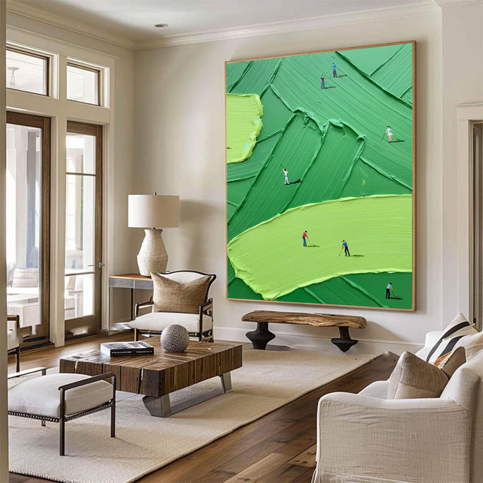 Large Golf Course Painting - Abstract Green with Small Figures | KelorArt #AG 099