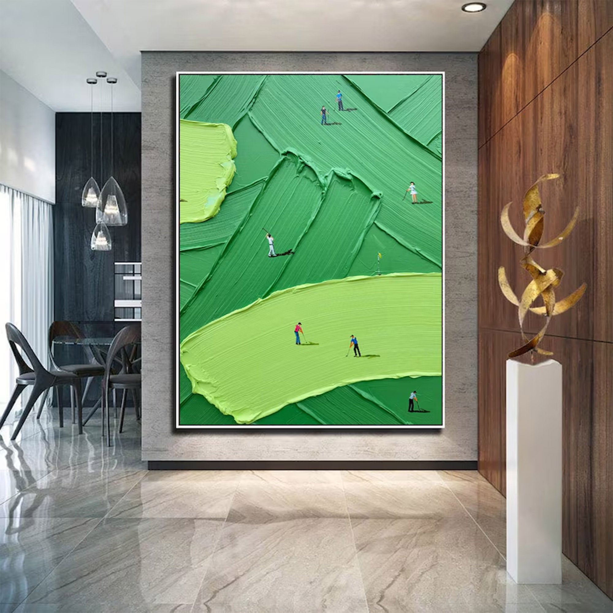 Large Golf Course Painting - Abstract Green with Small Figures | KelorArt #AG 099