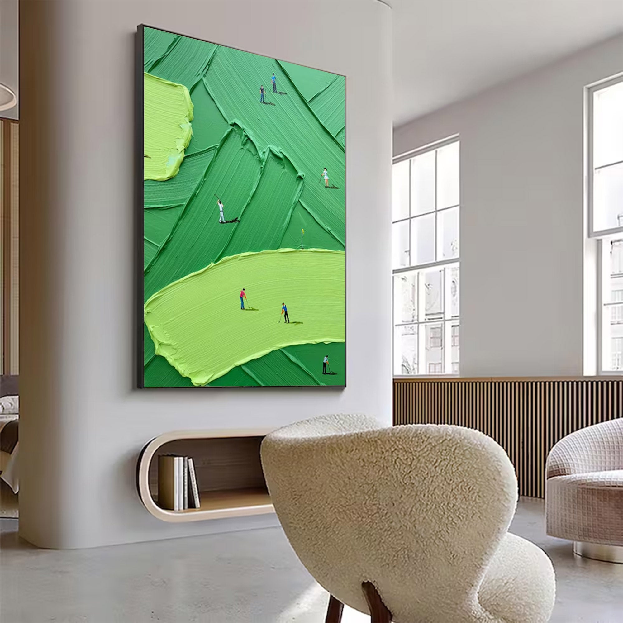 Large Golf Course Painting - Abstract Green with Small Figures | KelorArt #AG 099