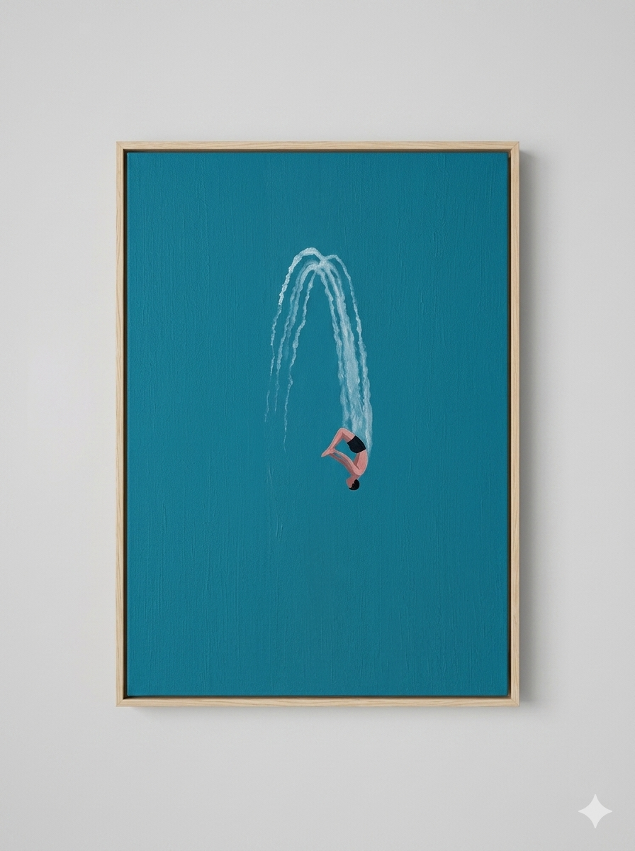 Large Minimalist Diver Wall Art Modern Swimming Oil Painting Coastal Decor
