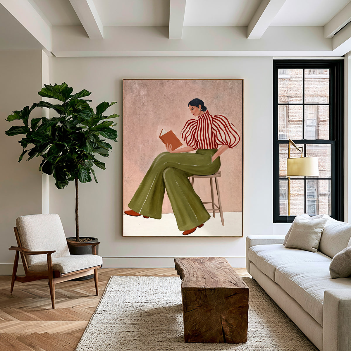 Modern Woman Reading Book Striped Blouse Figurative Painting Wall Art