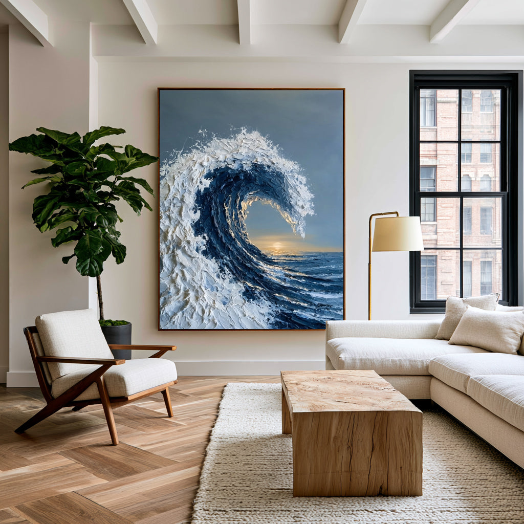 Large Modern Coastal Ocean Wall Art Textured Wave Oil Painting Seascape Cowboy Cowgirl Inspired Vintage Americana Artwork Contemporary Home Decor