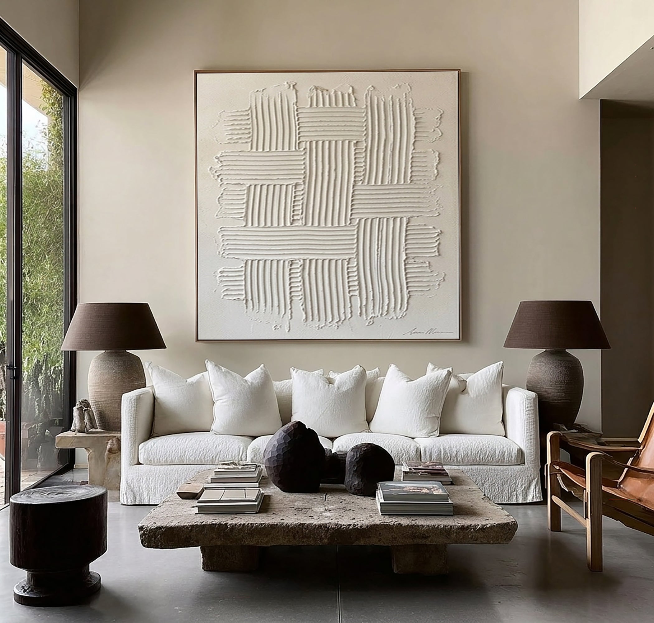 Large Modern Woven Wall Art Hand Painted Textured Neutral Canvas