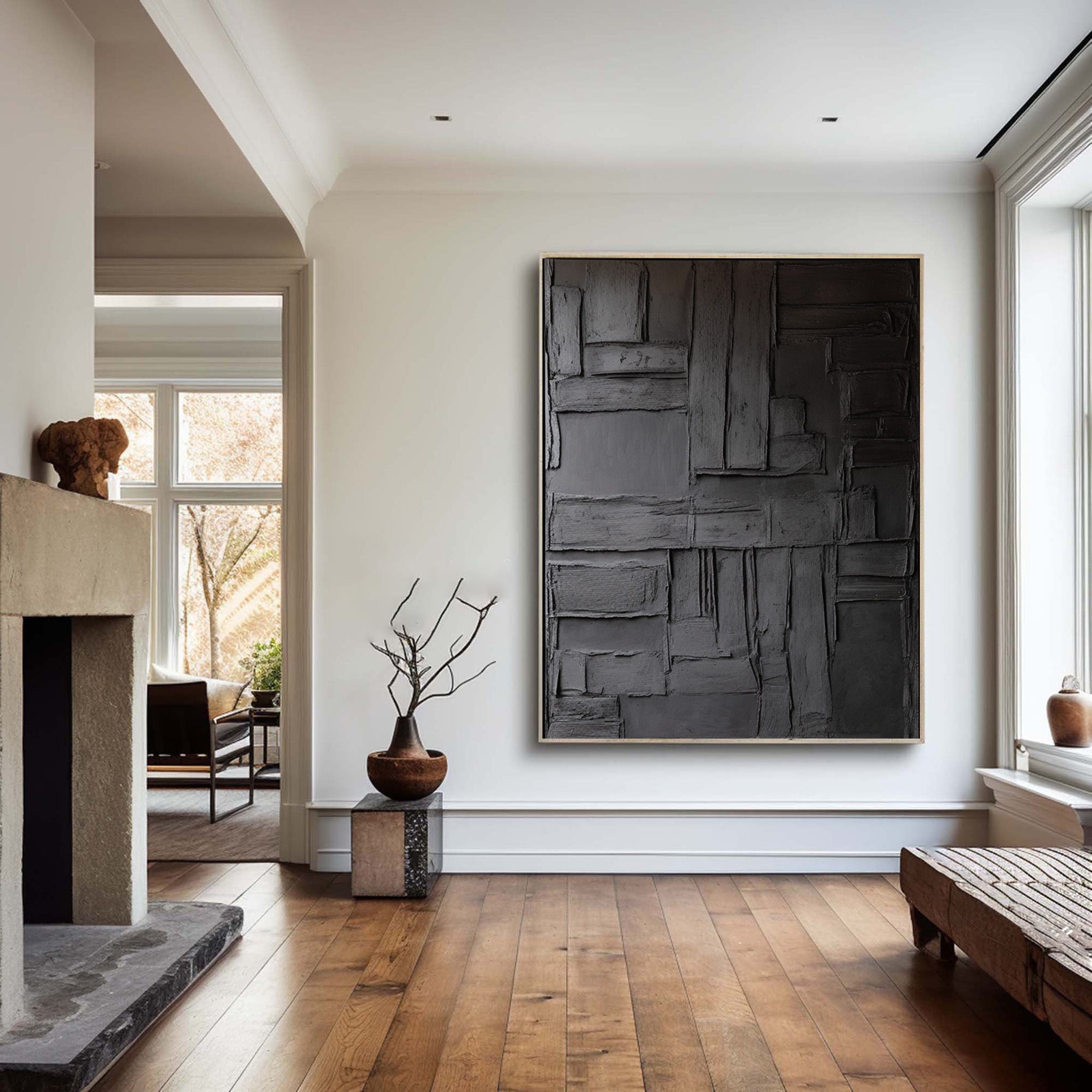 Black Blockwork: Geometric Abstract, Architectural Texture #MM508