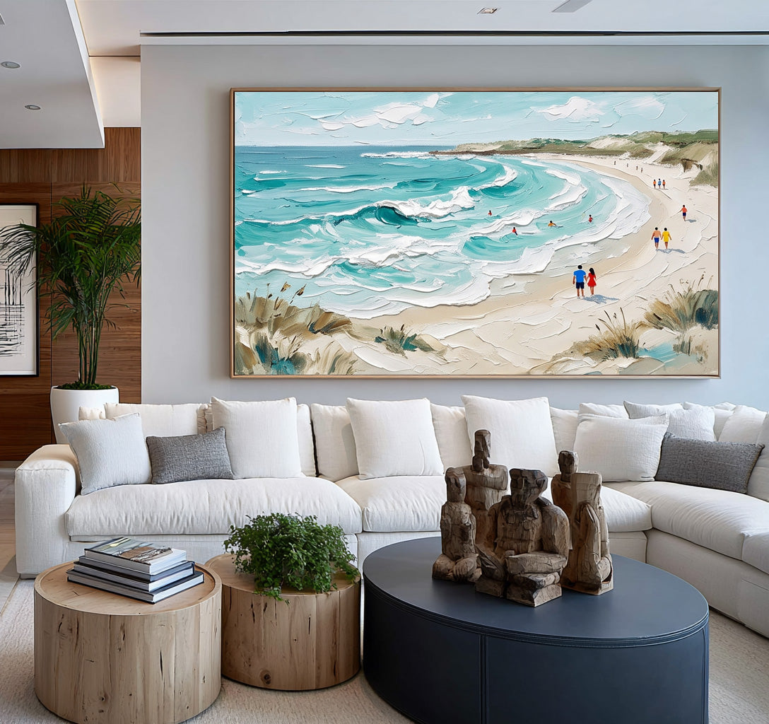 Textured Seaside Landscape Painting Sandy Beach Blue Ocean Waves