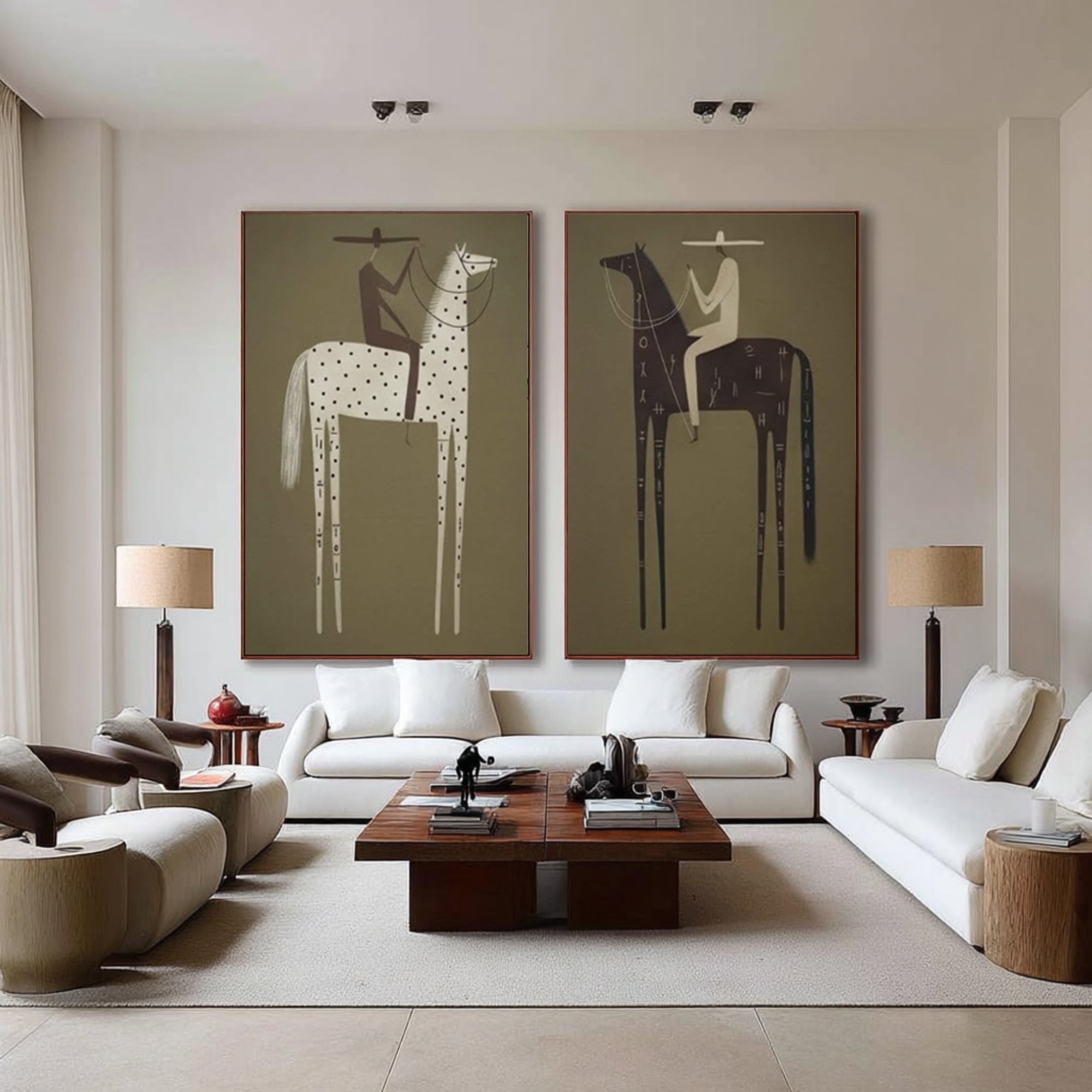 Large Folk Art Horse Paintings Contemporary Minimalist Diptych