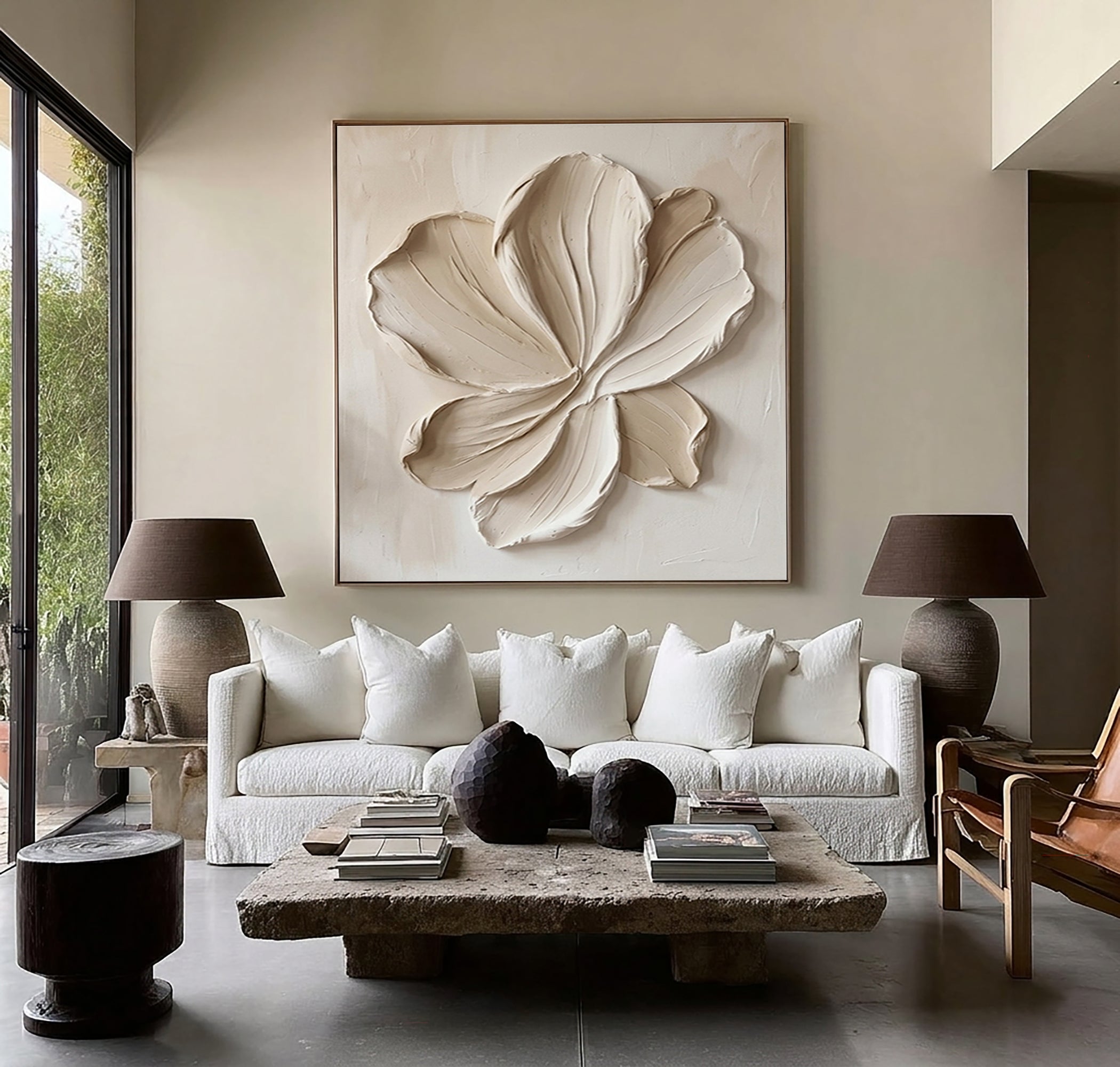 Large Cream Textured Flower Canvas Art Modern Wall Decor