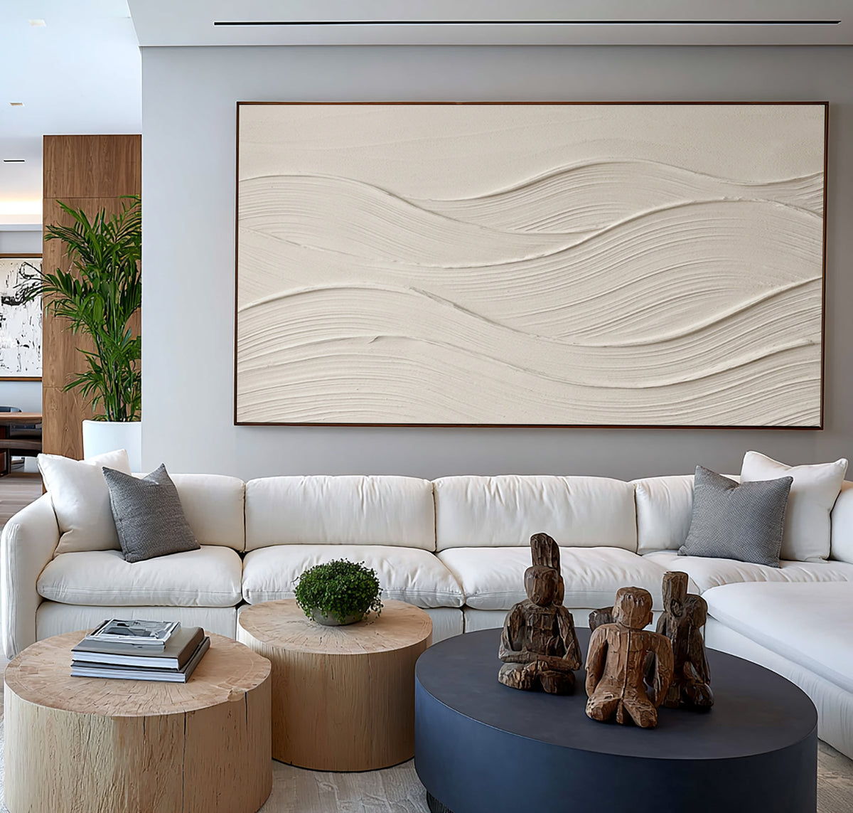 Large Modern Abstract Flowing Waves Wall Art White Textured Oil Painting Minimalist Neutral Coastal Artwork Contemporary Home Decor
