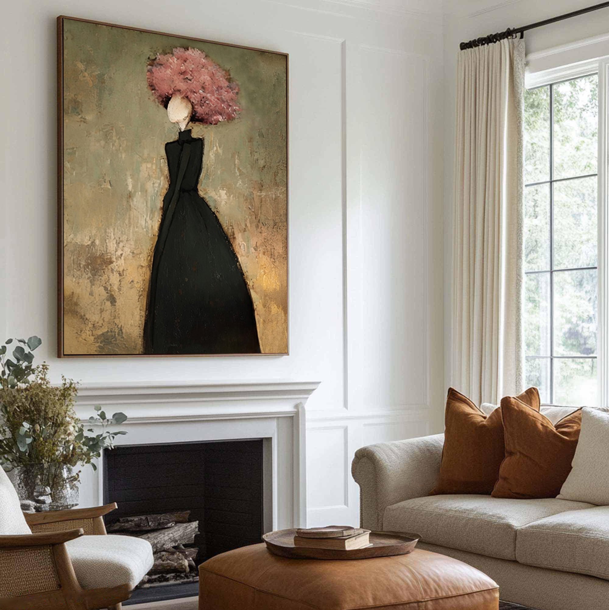 Large Woman Silhouette Wall Art Floral Oil Painting Modern Abstract Black Dress Contemporary Interior Decor