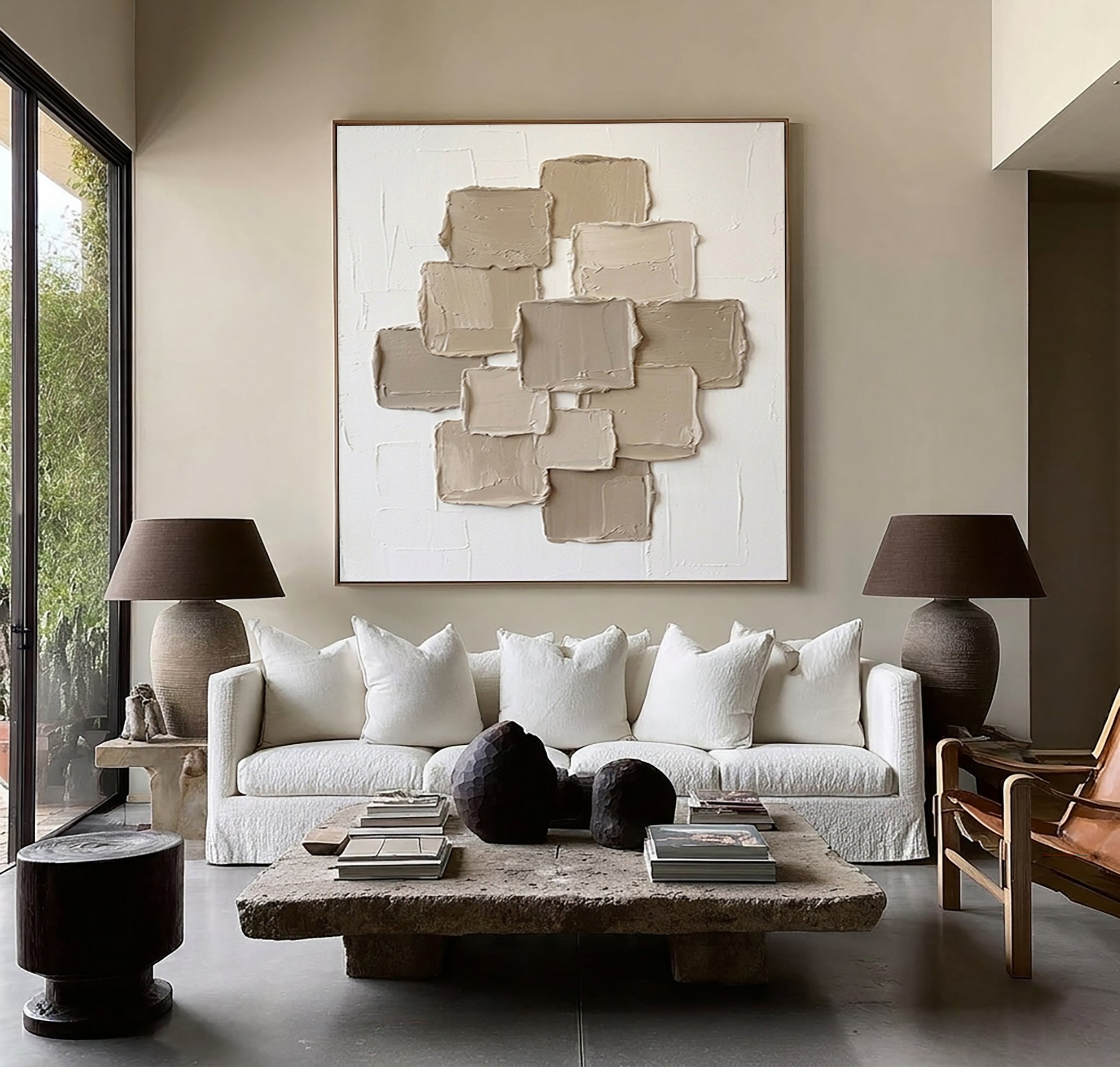 Large Contemporary Textured Wall Art Beige Geometric Canvas