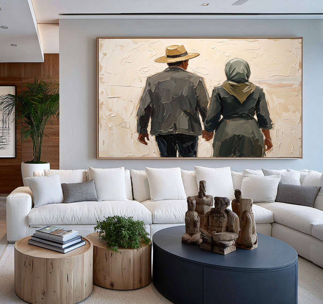 Large Textured Romantic Couple Painting Hand in Hand Love Wall Art