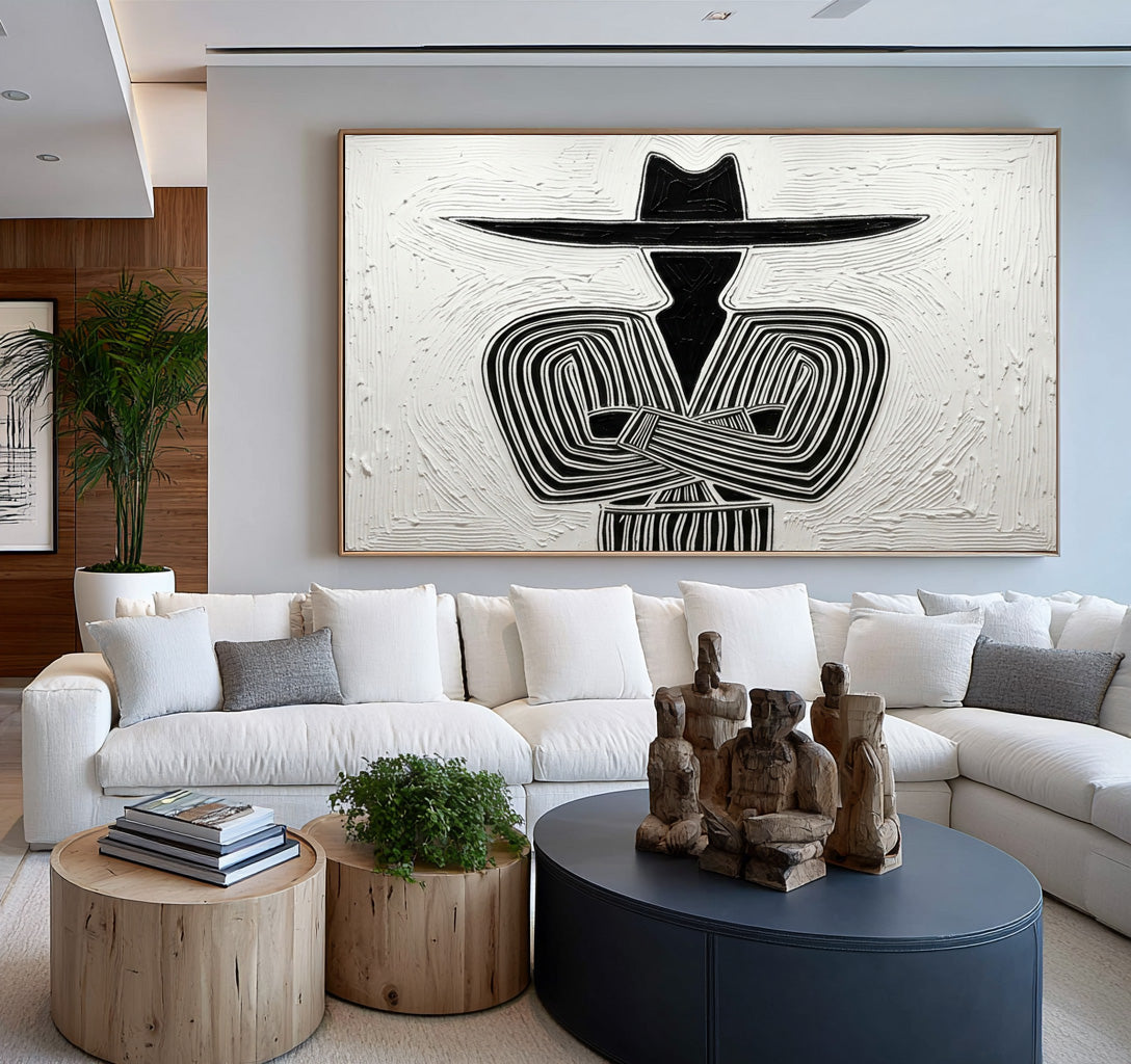 Large Oil Painting Textured Cowboy Minimalist Abstract Black White Western Art