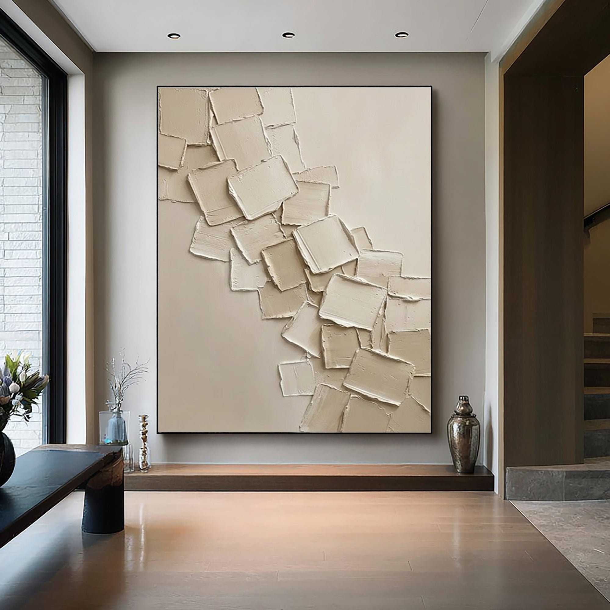 Large Minimalist Neutral Oil Artwork – Hand Painted Beige Texture Wall Decor