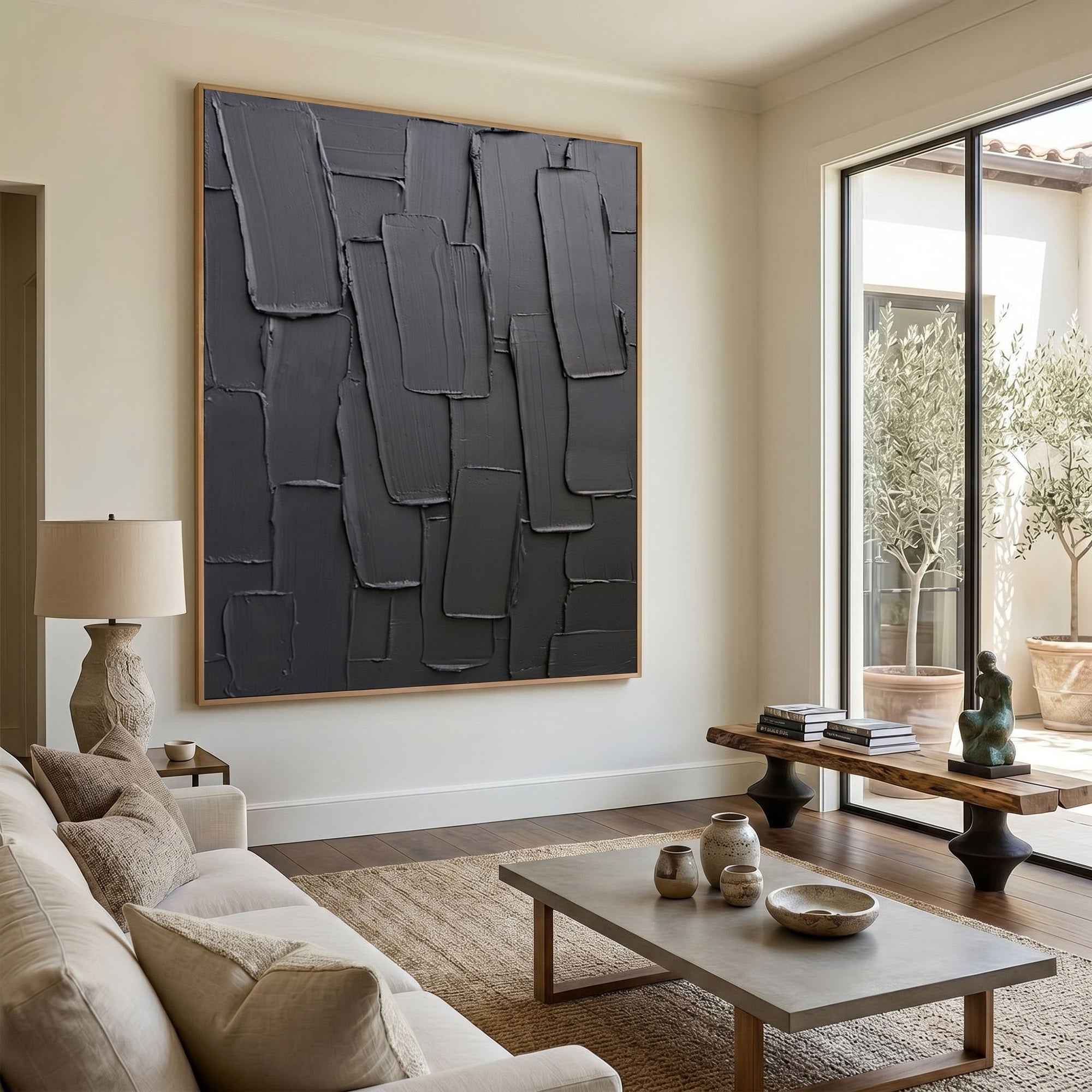 Black Gray Abstract Wall Art Textured Relief Painting Handmade Impasto Modern Minimalist Home Decor