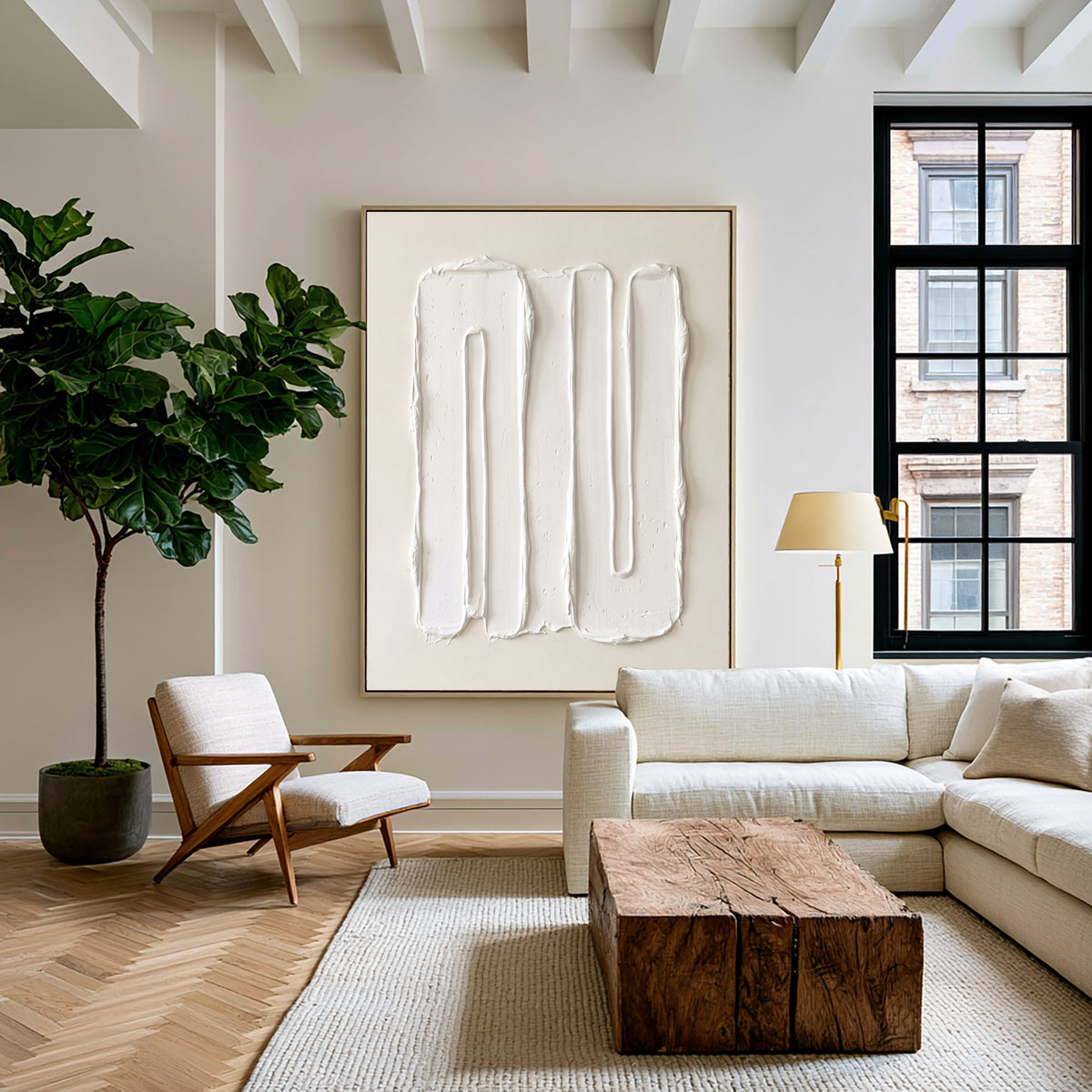 Large Modern Vertical Textured Relief Wall Art Ivory Abstract Oil Painting Sculptural Raised Lines Neutral Minimalist Contemporary Luxury Home Decor
