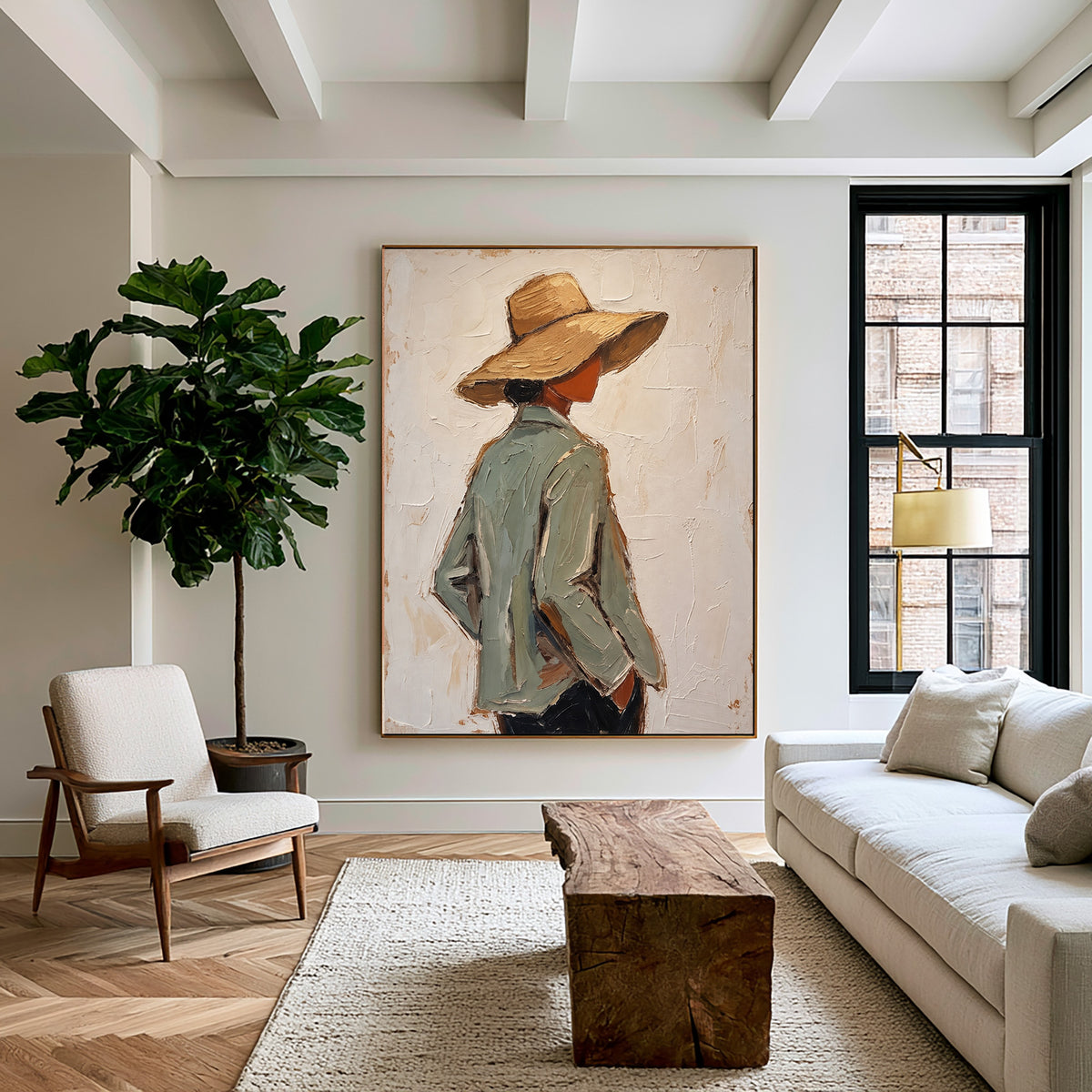 Modern Woman Straw Hat Figurative Painting Contemporary Wall Art