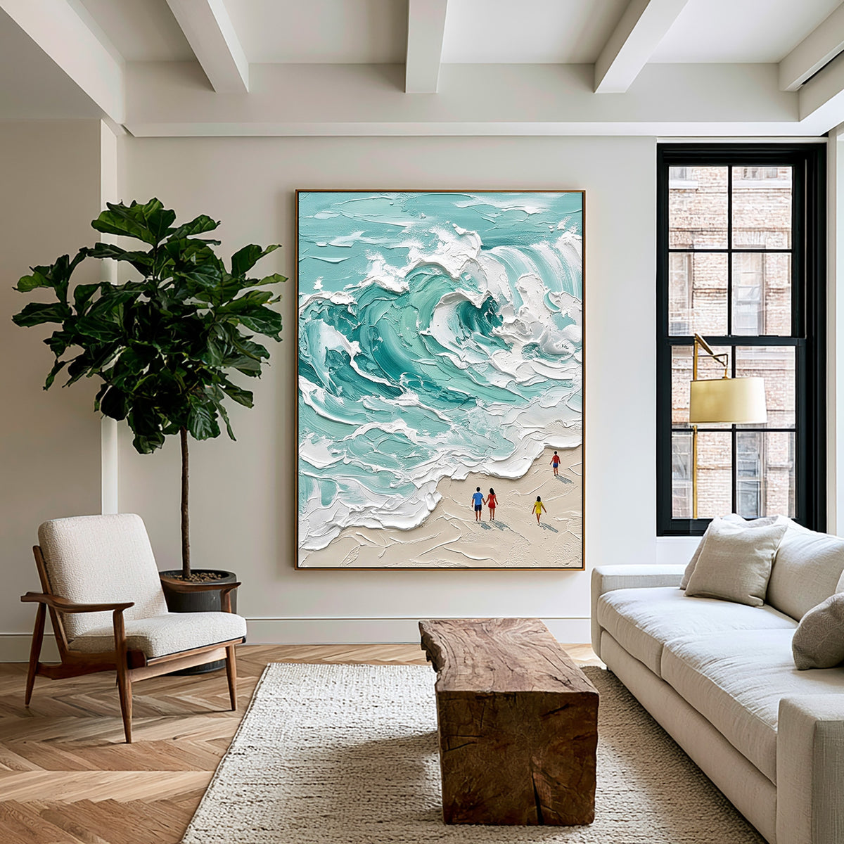 Large Coastal Beach Ocean Waves Wall Art Turquoise Sea Textured Oil Painting Seascape Artwork Luxury Beach House Decor