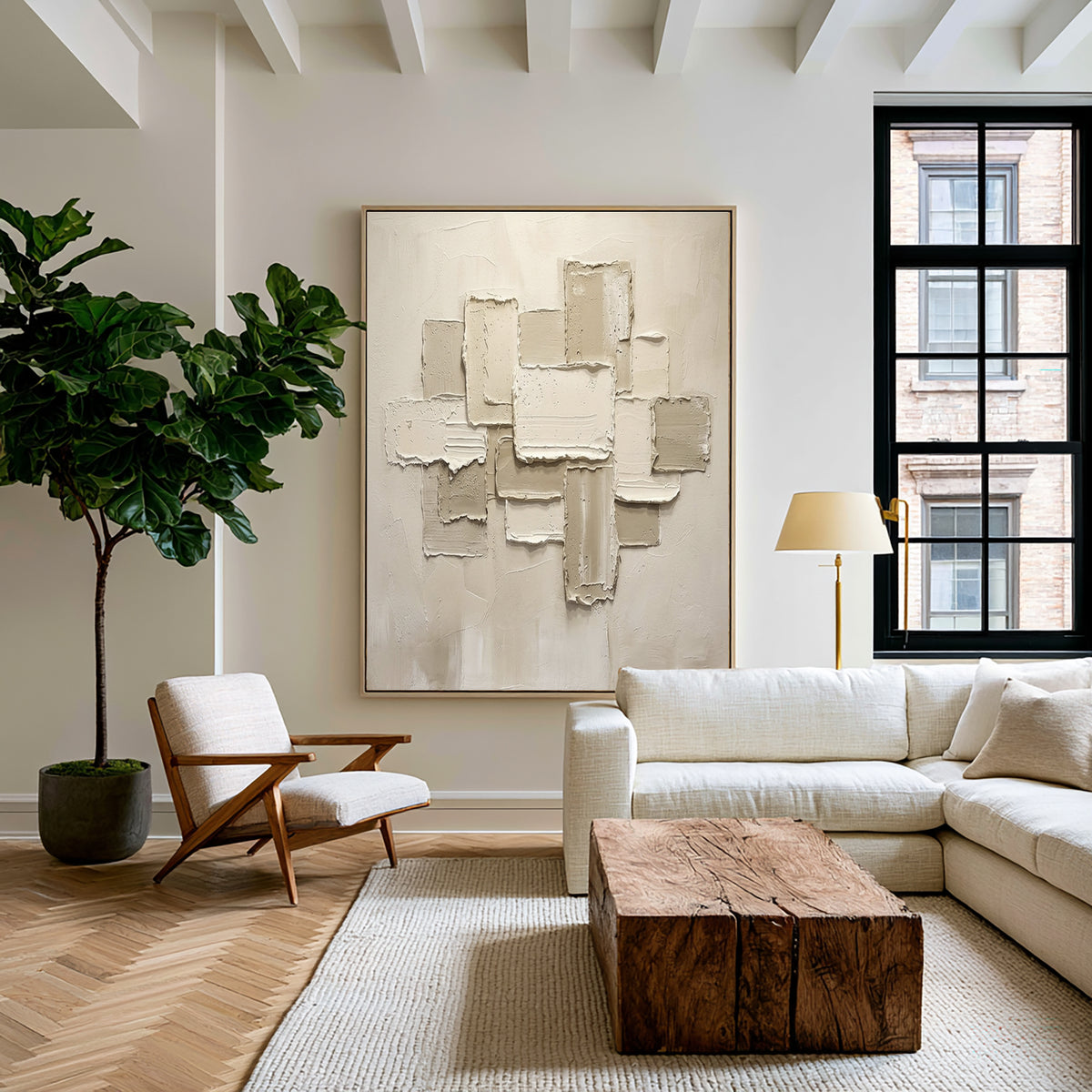 Large Modern Geometric Textured Abstract Wall Art White Beige 3D Relief Oil Painting Contemporary Sculptural Artwork Living Room Decor
