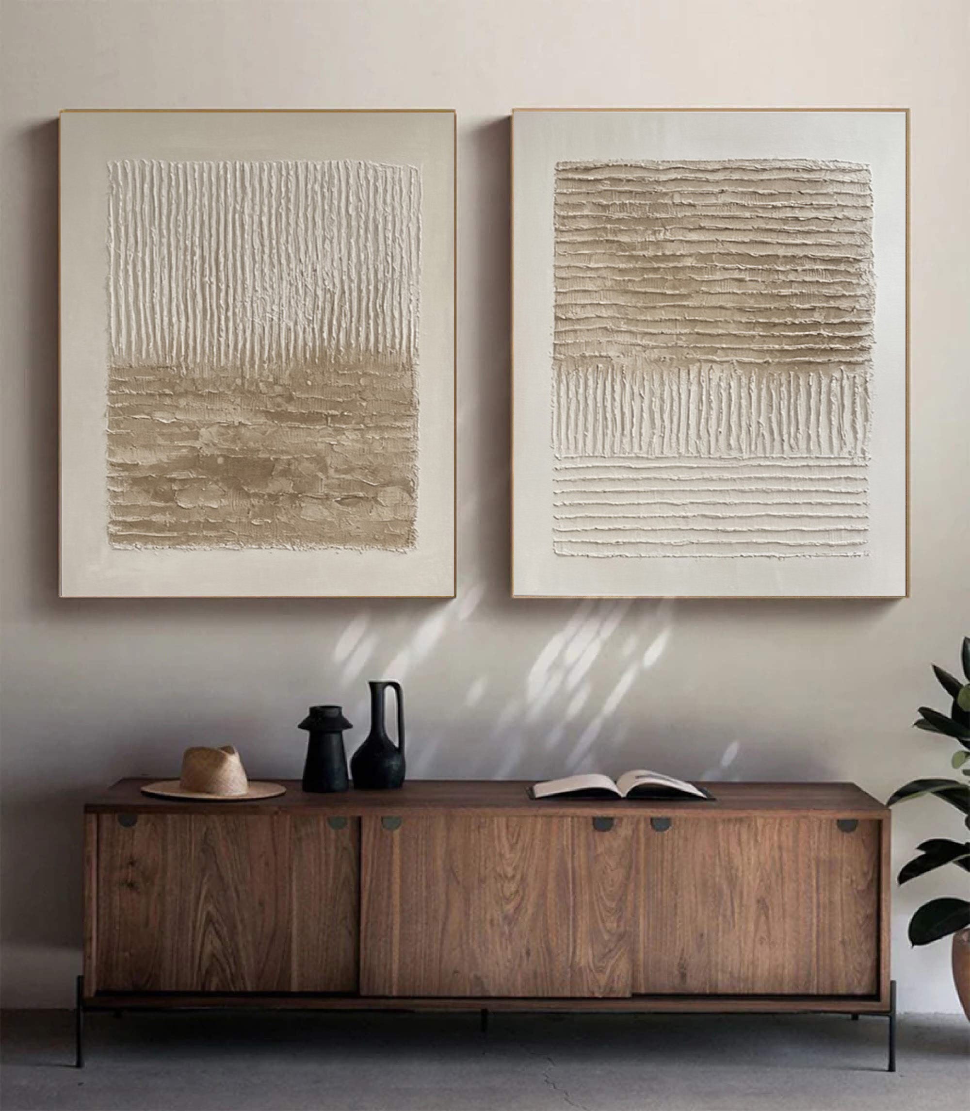 Woven Silence: Minimalist Neutral Set Of 2 with Impasto Lines #MM558