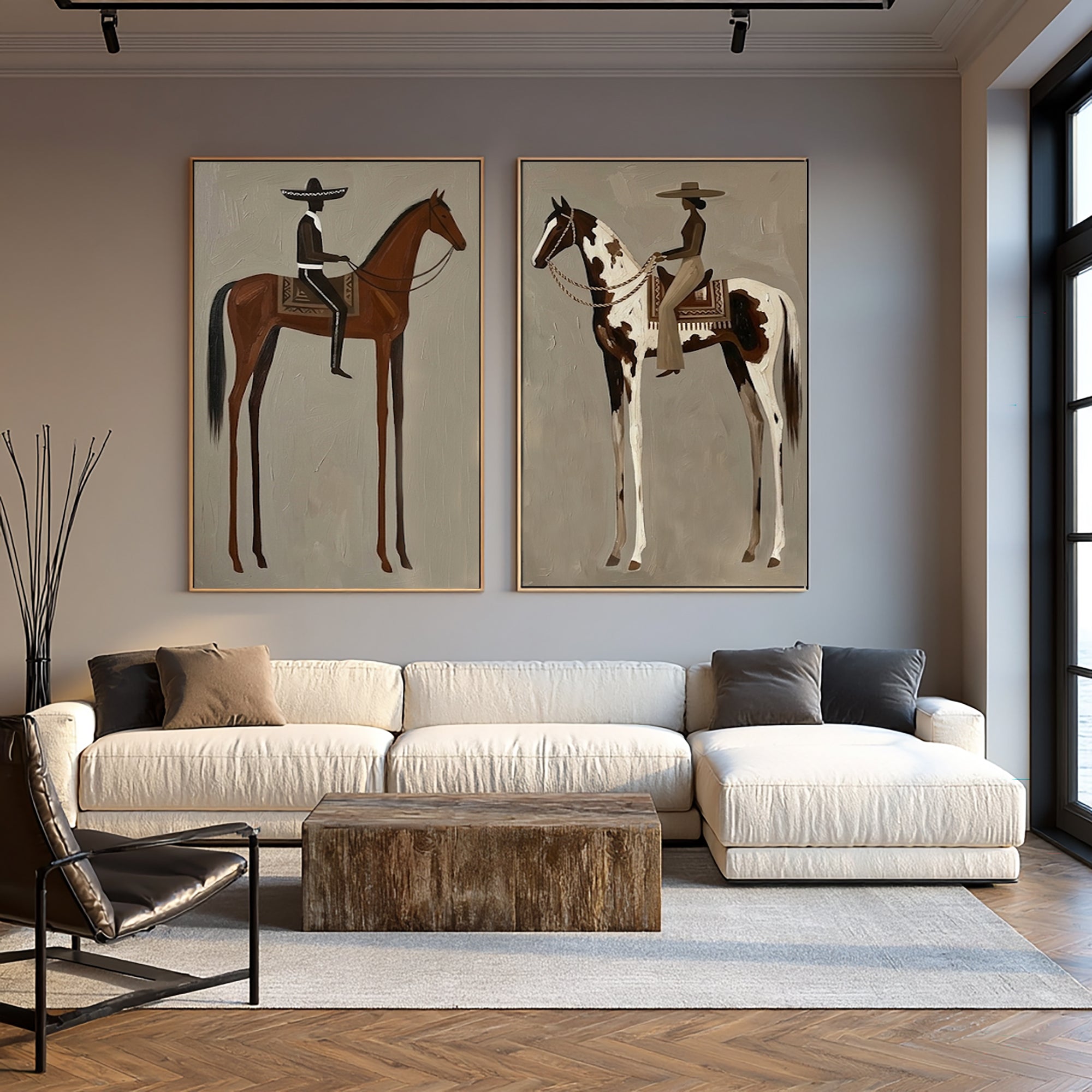 Large Minimalist Cowboy Horse Wall Art Contemporary Western Canvas Diptych