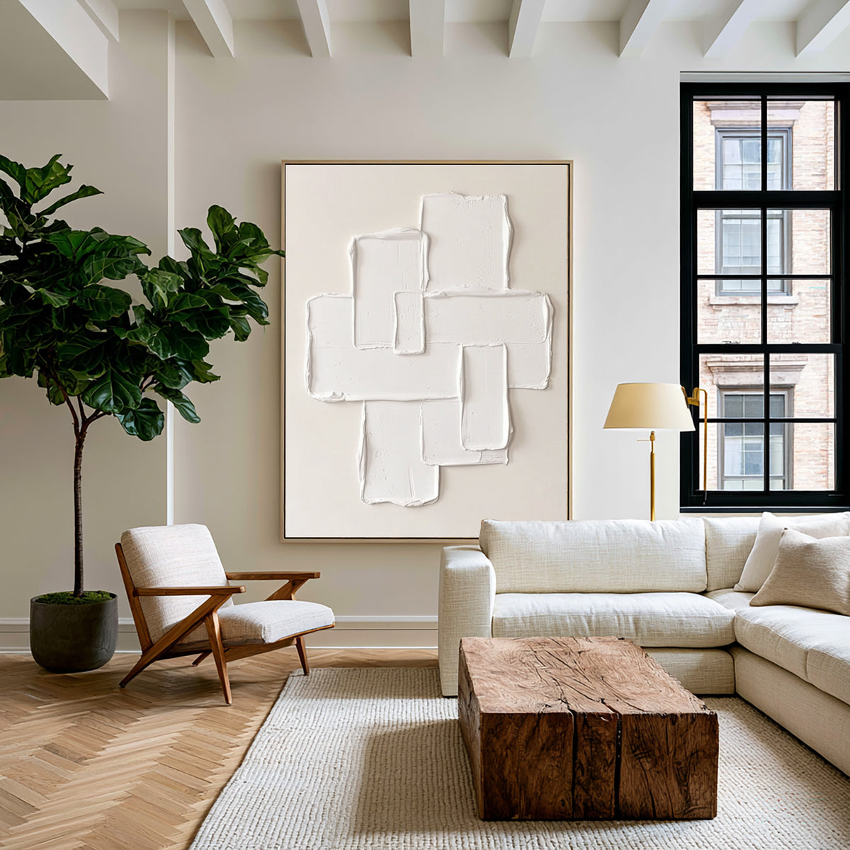 Large Neutral Abstract Spatial Forms Wall Art Ivory Cream Oil Painting Modern Sculptural Texture Raised Geometric Composition Minimalist Contemporary Luxury Interior Decor